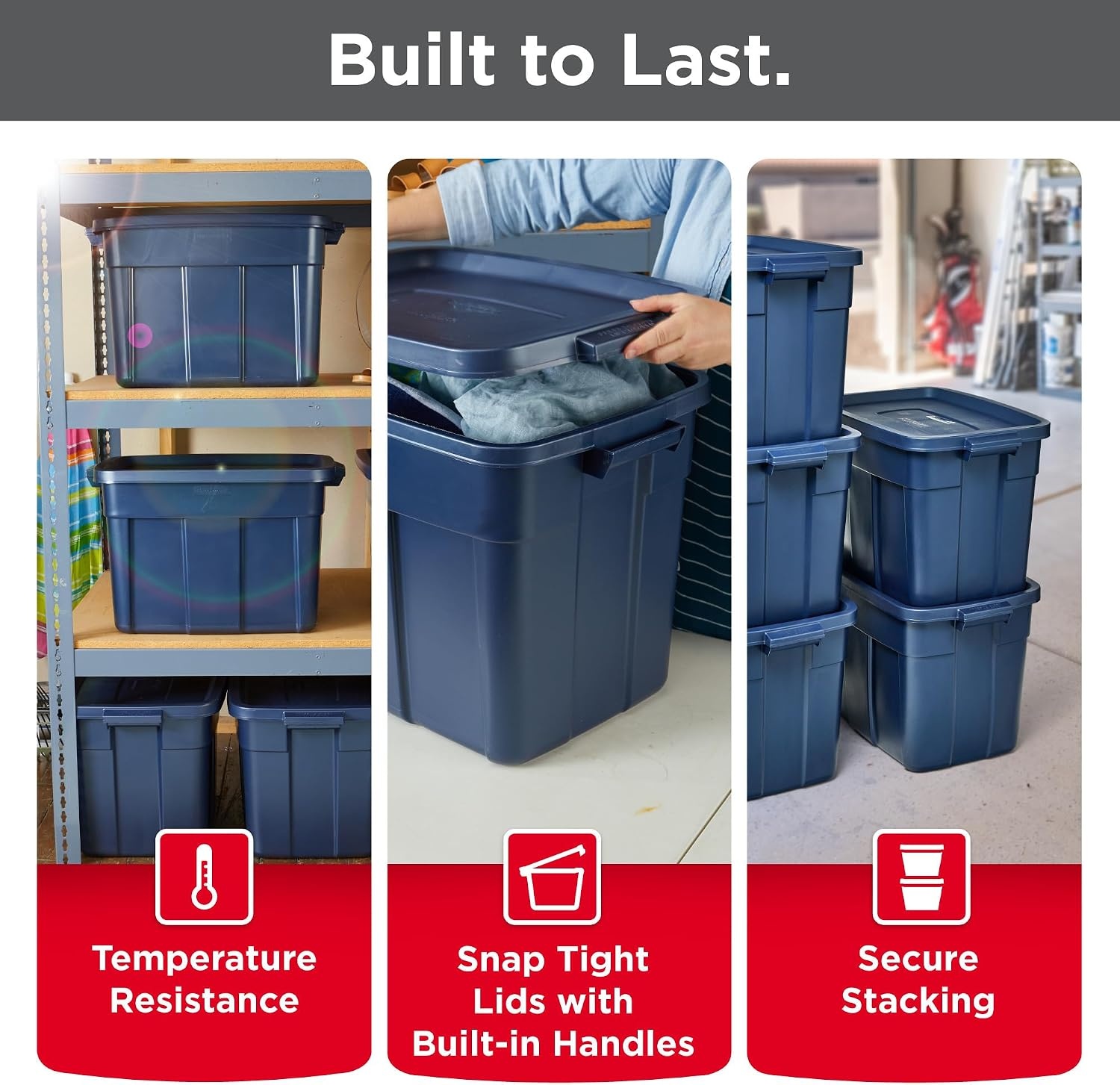 image:imageRubbermaid Roughneck Tote 50 Gal 2 Pack Made in USA Dark Indigo Metallic Rugged Plastic Stackable Storage Bins with Lids and Handles18 Gal 6 Pack