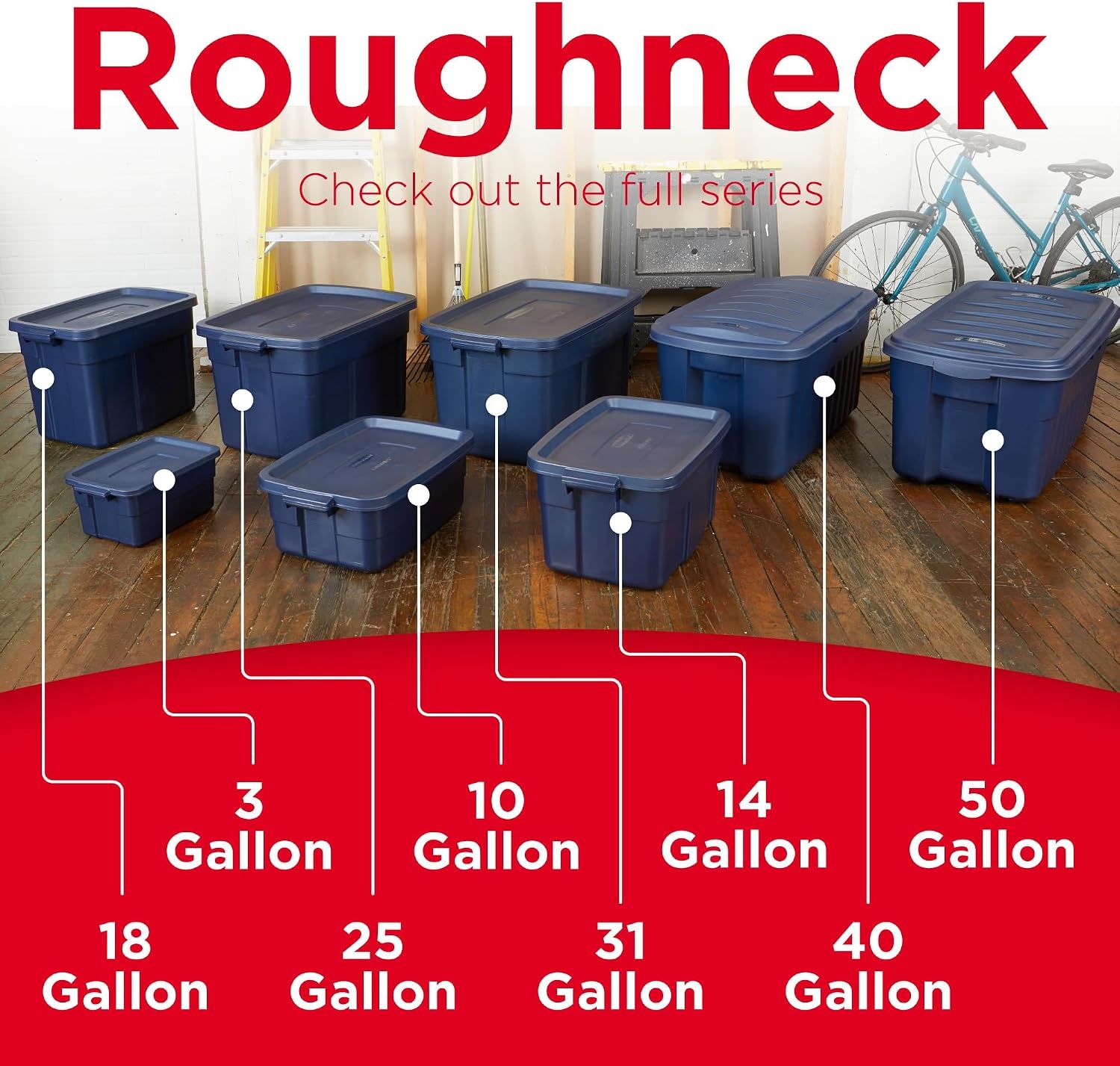 image:imageRubbermaid Roughneck Tote 50 Gal 2 Pack Made in USA Dark Indigo Metallic Rugged Plastic Stackable Storage Bins with Lids and Handles18 Gal 6 Pack