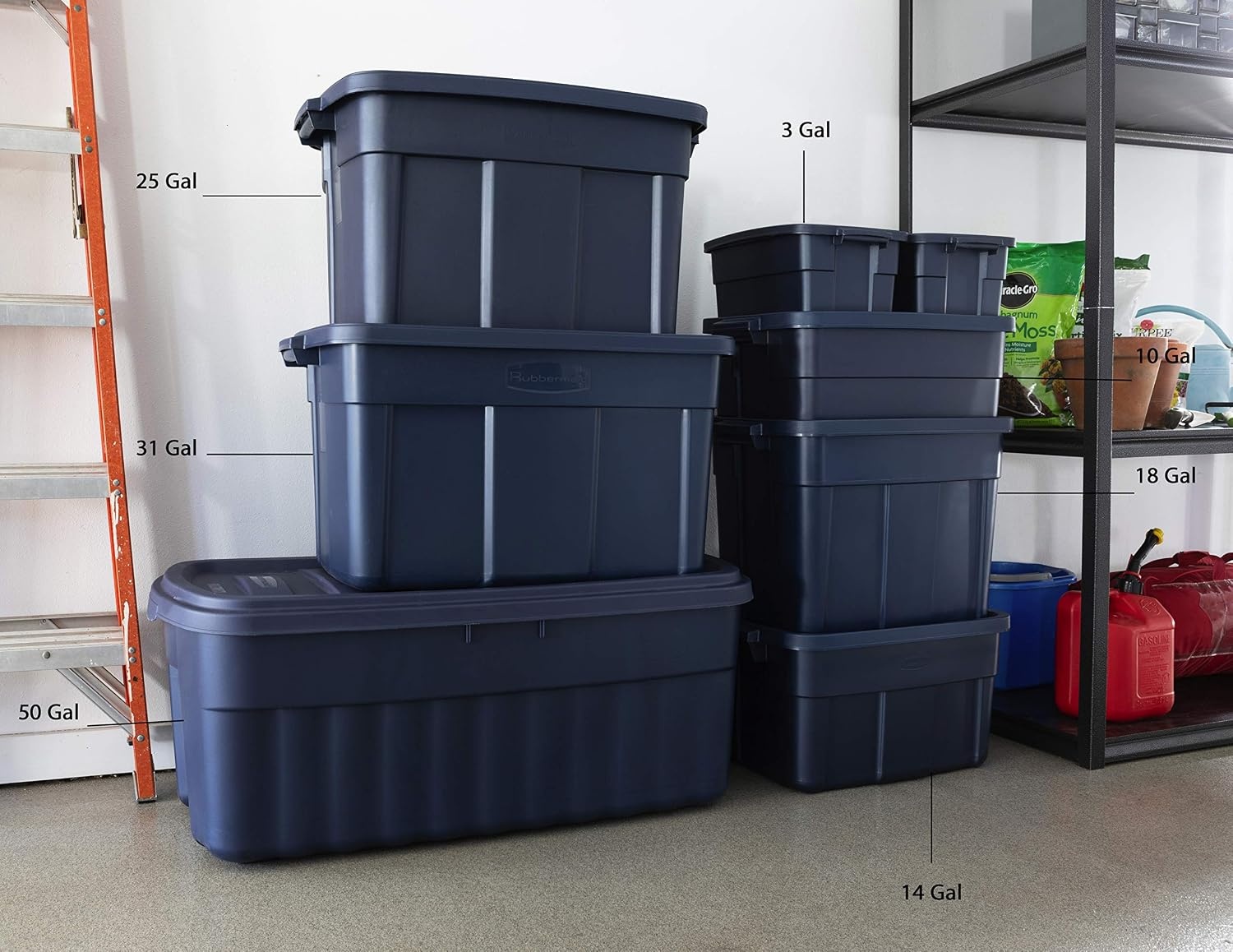 image:imageRubbermaid Roughneck Tote 50 Gal 2 Pack Made in USA Dark Indigo Metallic Rugged Plastic Stackable Storage Bins with Lids and Handles25 Gal 4 Pack
