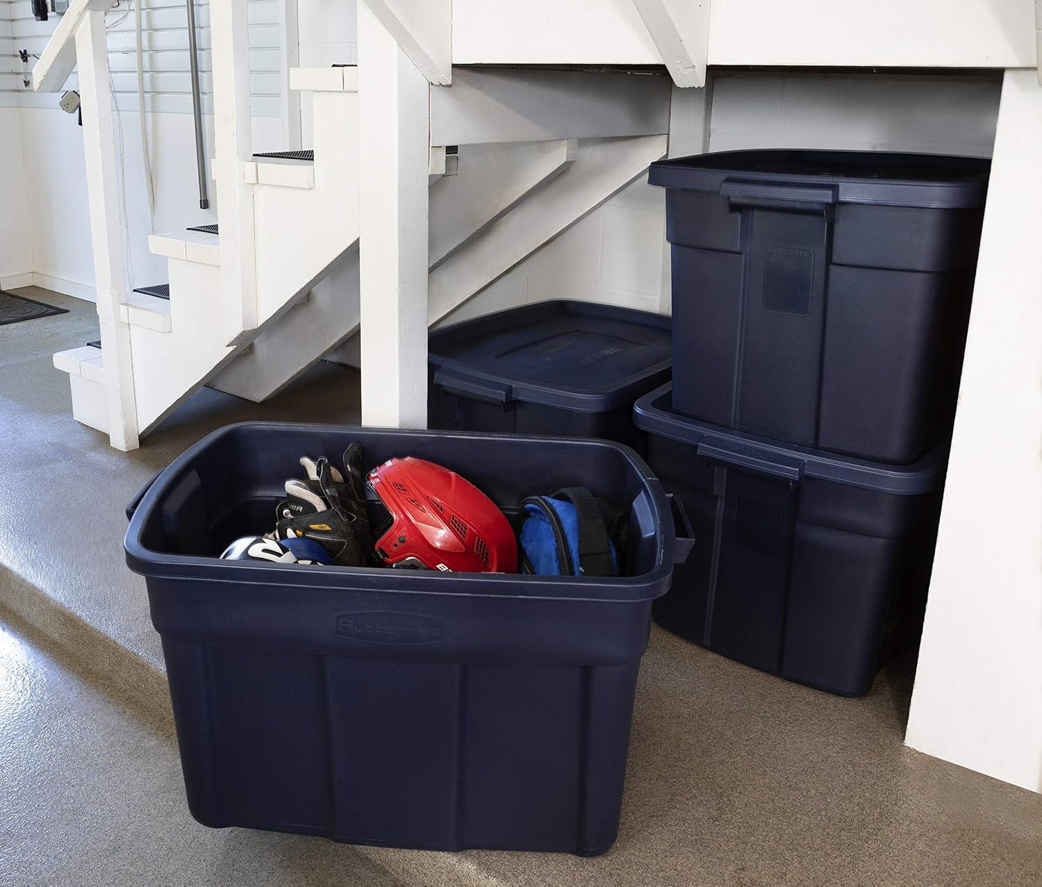 image:imageRubbermaid Roughneck Tote 50 Gal 2 Pack Made in USA Dark Indigo Metallic Rugged Plastic Stackable Storage Bins with Lids and Handles25 Gal 4 Pack