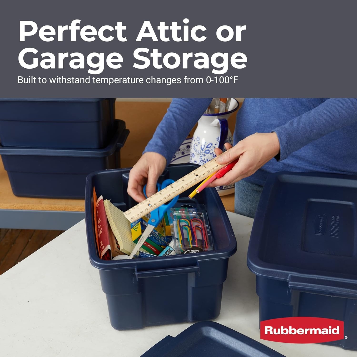 image:imageRubbermaid Roughneck Tote 50 Gal 2 Pack Made in USA Dark Indigo Metallic Rugged Plastic Stackable Storage Bins with Lids and Handles3 Gal 6 Pack