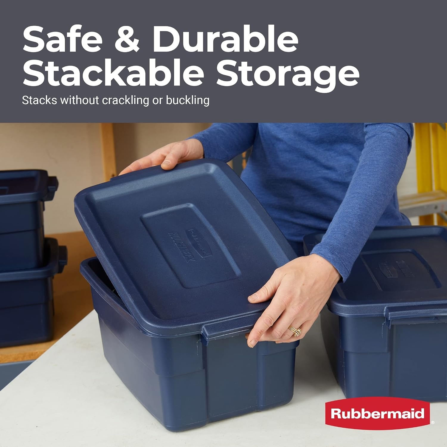 image:imageRubbermaid Roughneck Tote 50 Gal 2 Pack Made in USA Dark Indigo Metallic Rugged Plastic Stackable Storage Bins with Lids and Handles3 Gal 6 Pack