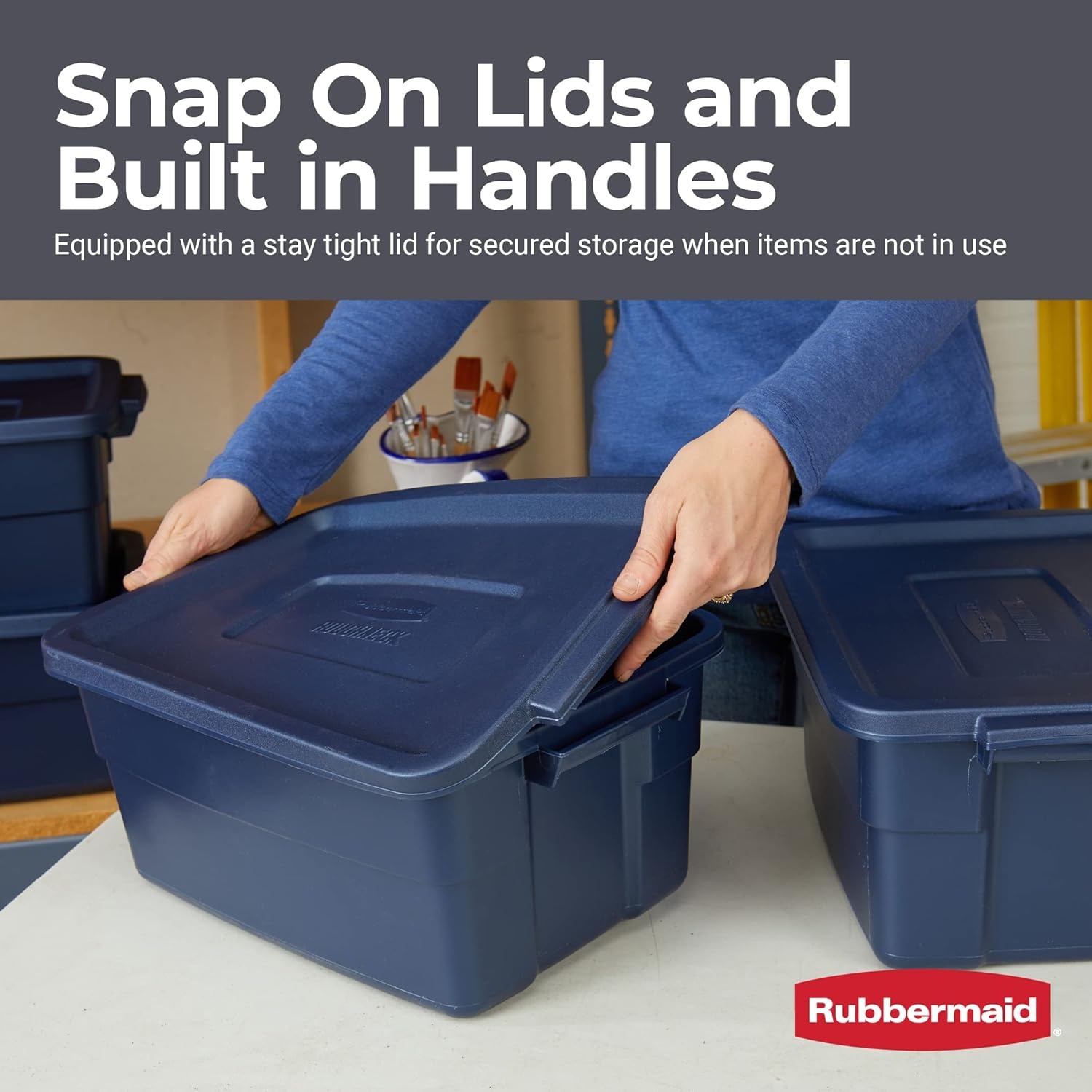 image:imageRubbermaid Roughneck Tote 50 Gal 2 Pack Made in USA Dark Indigo Metallic Rugged Plastic Stackable Storage Bins with Lids and Handles3 Gal 6 Pack