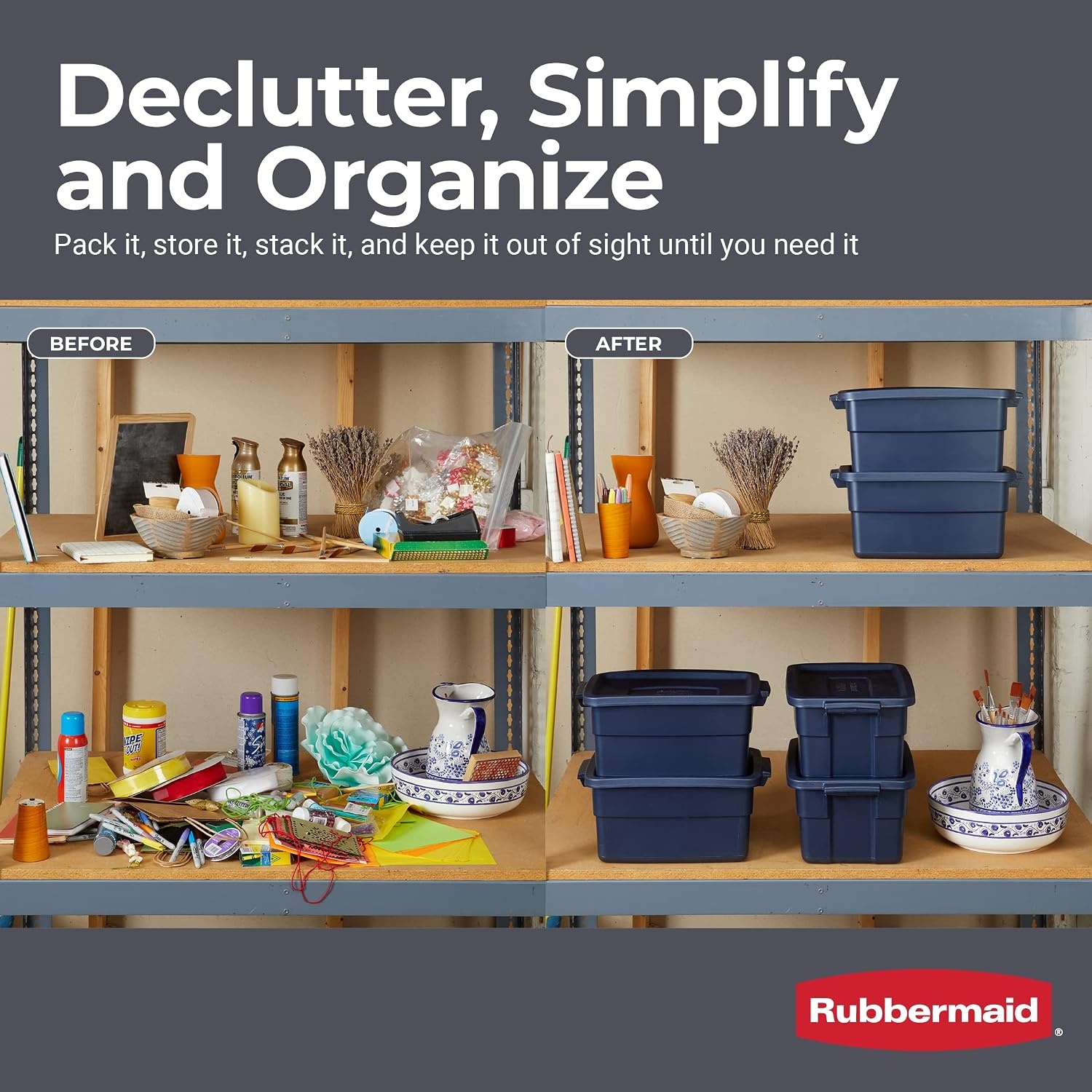image:imageRubbermaid Roughneck Tote 50 Gal 2 Pack Made in USA Dark Indigo Metallic Rugged Plastic Stackable Storage Bins with Lids and Handles3 Gal 6 Pack