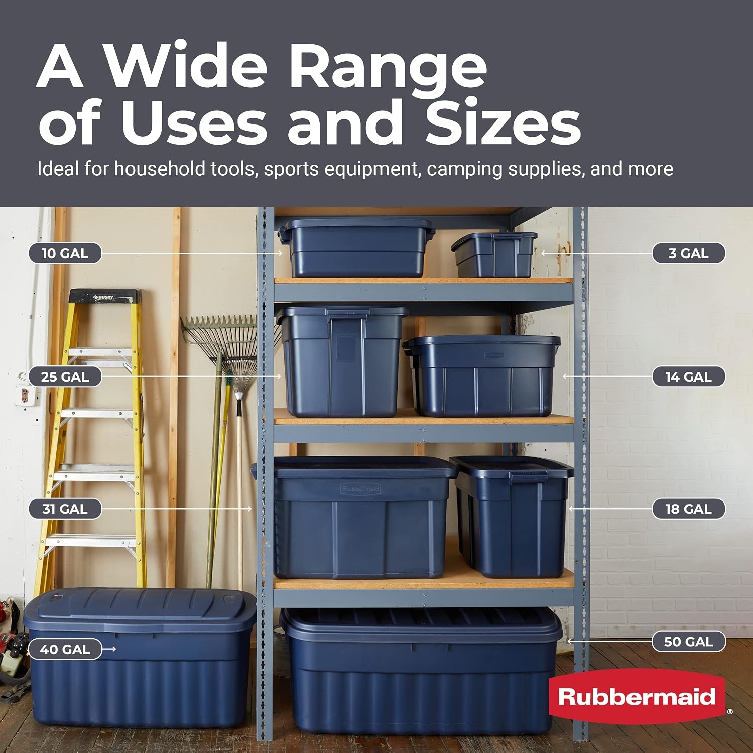 image:imageRubbermaid Roughneck Tote 50 Gal 2 Pack Made in USA Dark Indigo Metallic Rugged Plastic Stackable Storage Bins with Lids and Handles3 Gal 6 Pack
