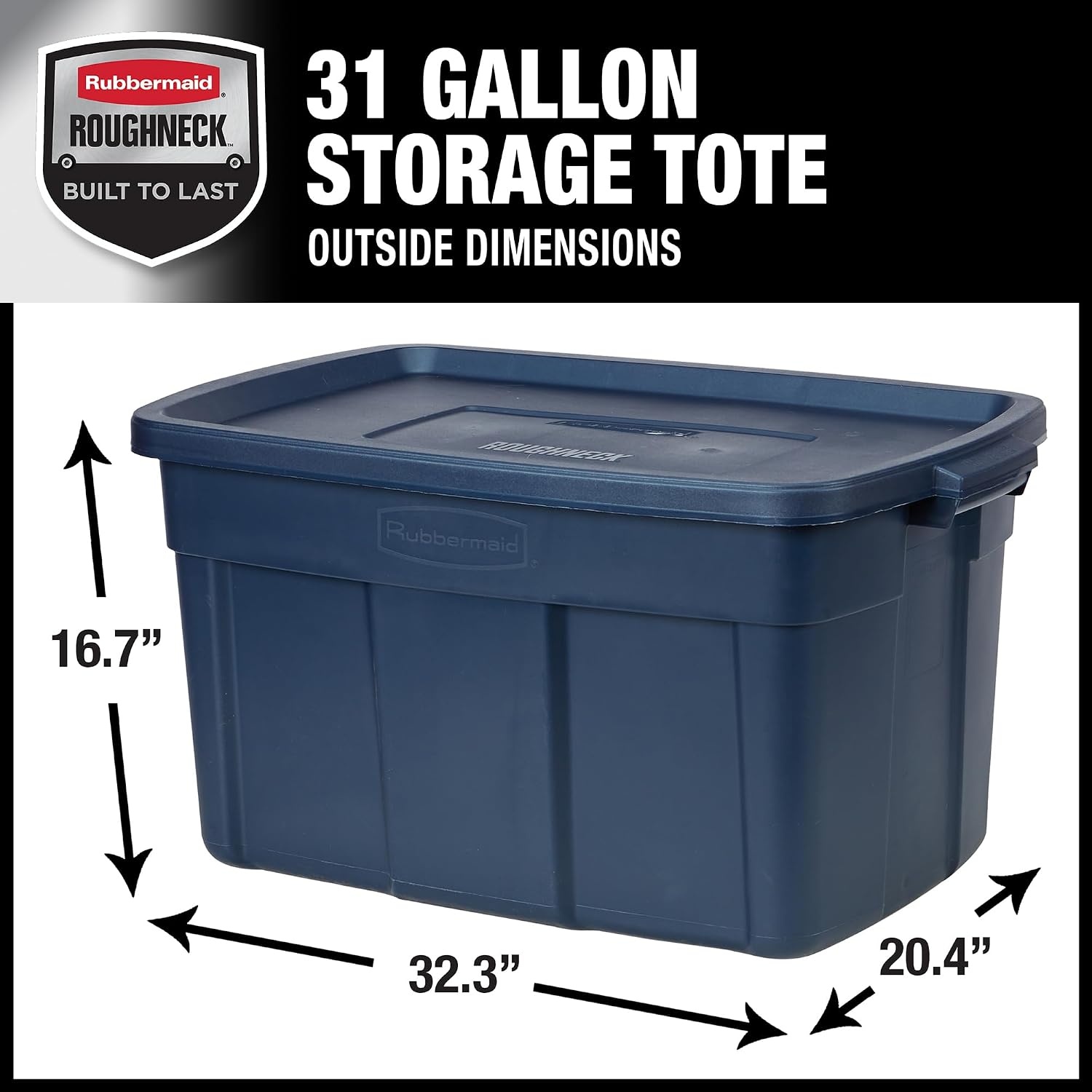 image:imageRubbermaid Roughneck Tote 50 Gal 2 Pack Made in USA Dark Indigo Metallic Rugged Plastic Stackable Storage Bins with Lids and Handles31 Gal 3 Pack