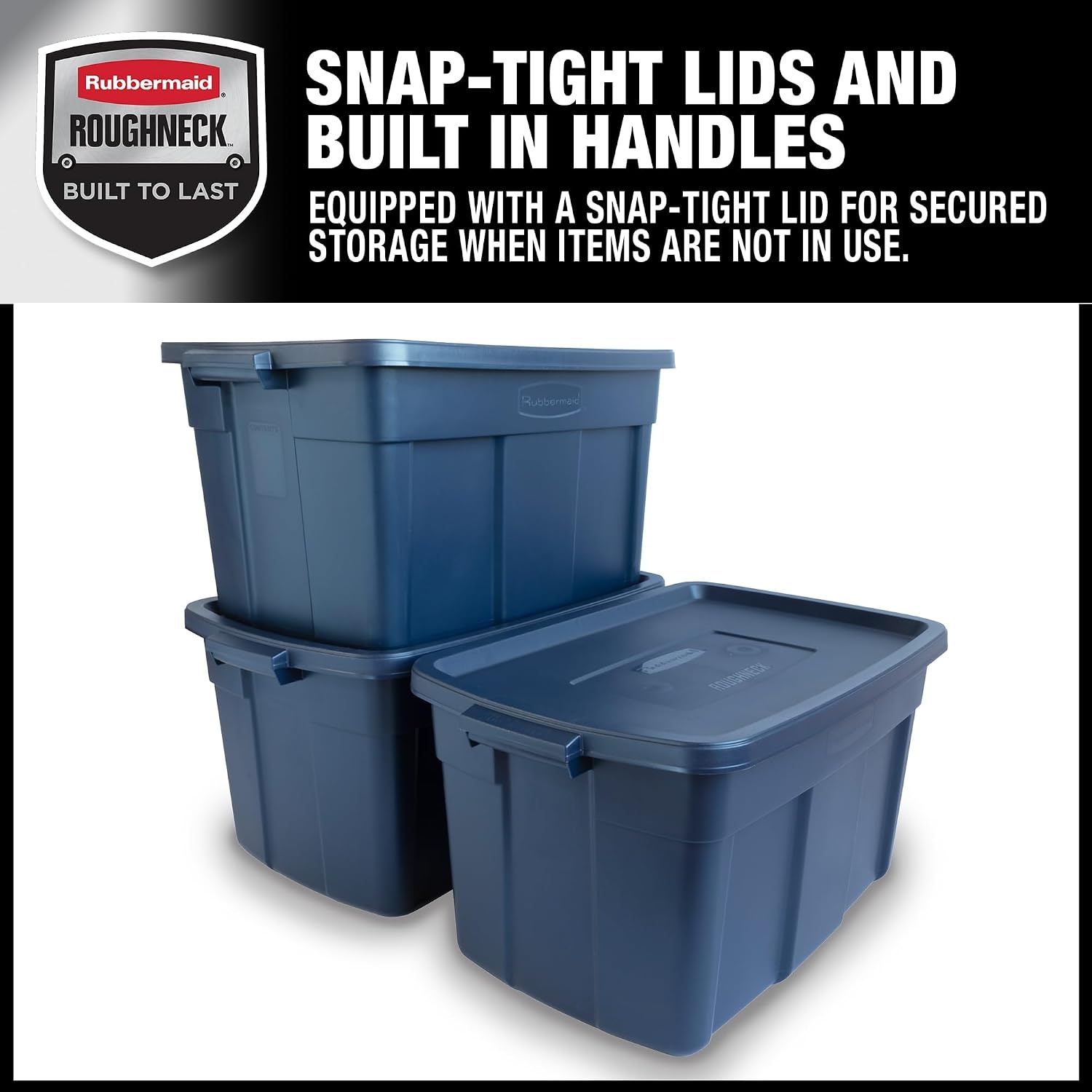 image:imageRubbermaid Roughneck Tote 50 Gal 2 Pack Made in USA Dark Indigo Metallic Rugged Plastic Stackable Storage Bins with Lids and Handles31 Gal 3 Pack