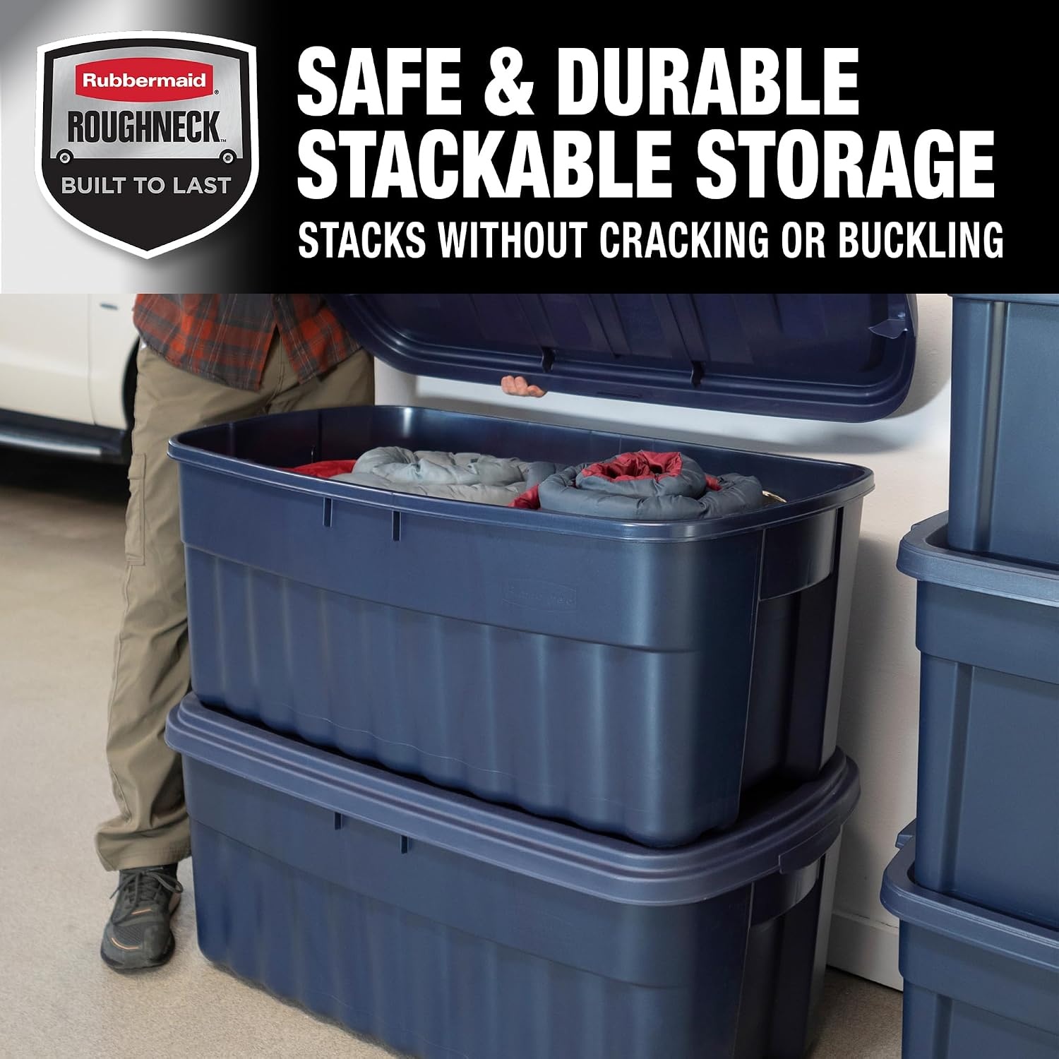 image:imageRubbermaid Roughneck Tote 50 Gal 2 Pack Made in USA Dark Indigo Metallic Rugged Plastic Stackable Storage Bins with Lids and Handles50 Gal 2 Pack