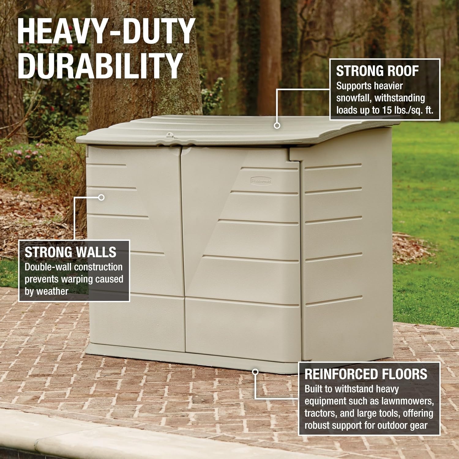 image:imageRubbermaid Small Horizontal Resin Outdoor Storage Shed With Floor 45 x 3 Ft Weather Resistant BeigeBrown Organization for HomeBackyardPool ChemicalsToysGarden ToolsPorchPatio CushionsLarge Horizontal Shed