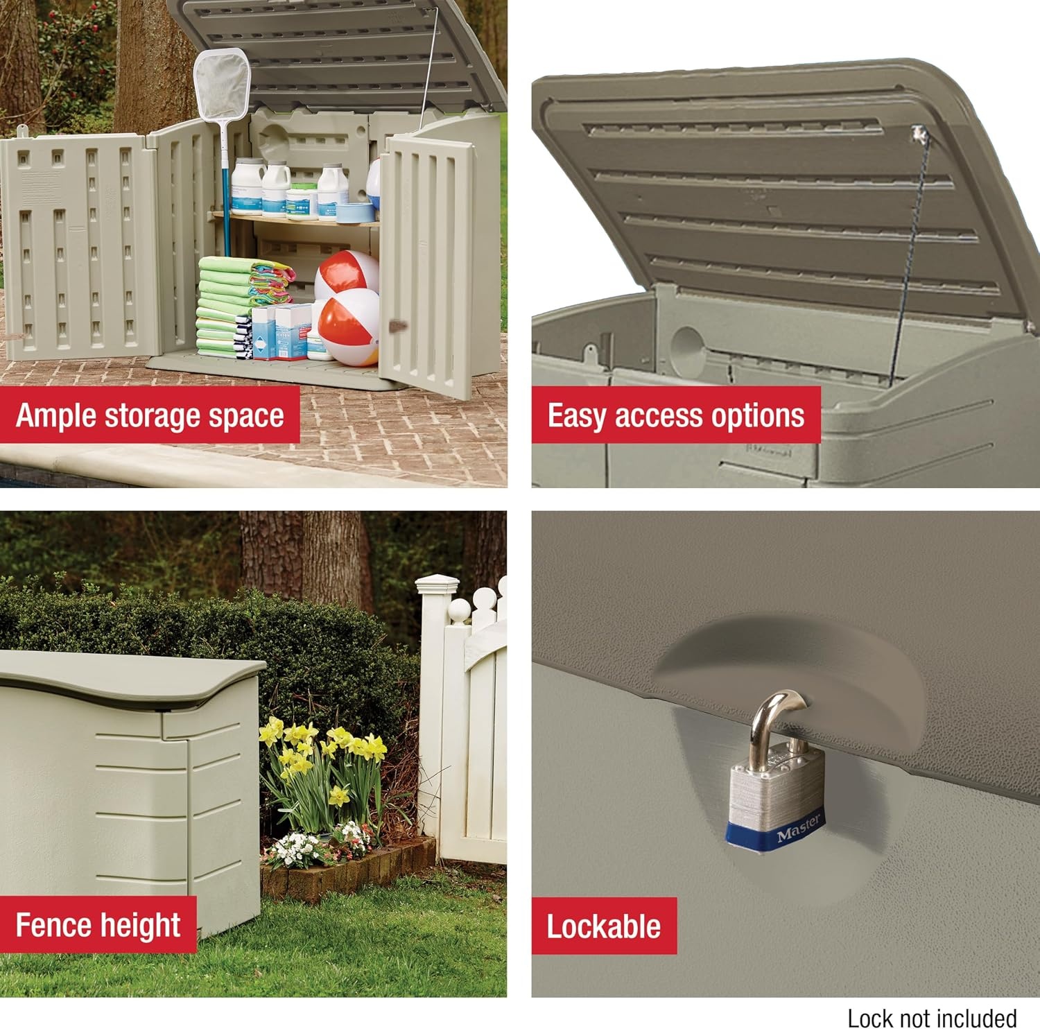 image:imageRubbermaid Small Horizontal Resin Outdoor Storage Shed With Floor 45 x 3 Ft Weather Resistant BeigeBrown Organization for HomeBackyardPool ChemicalsToysGarden ToolsPorchPatio CushionsLarge Horizontal Shed