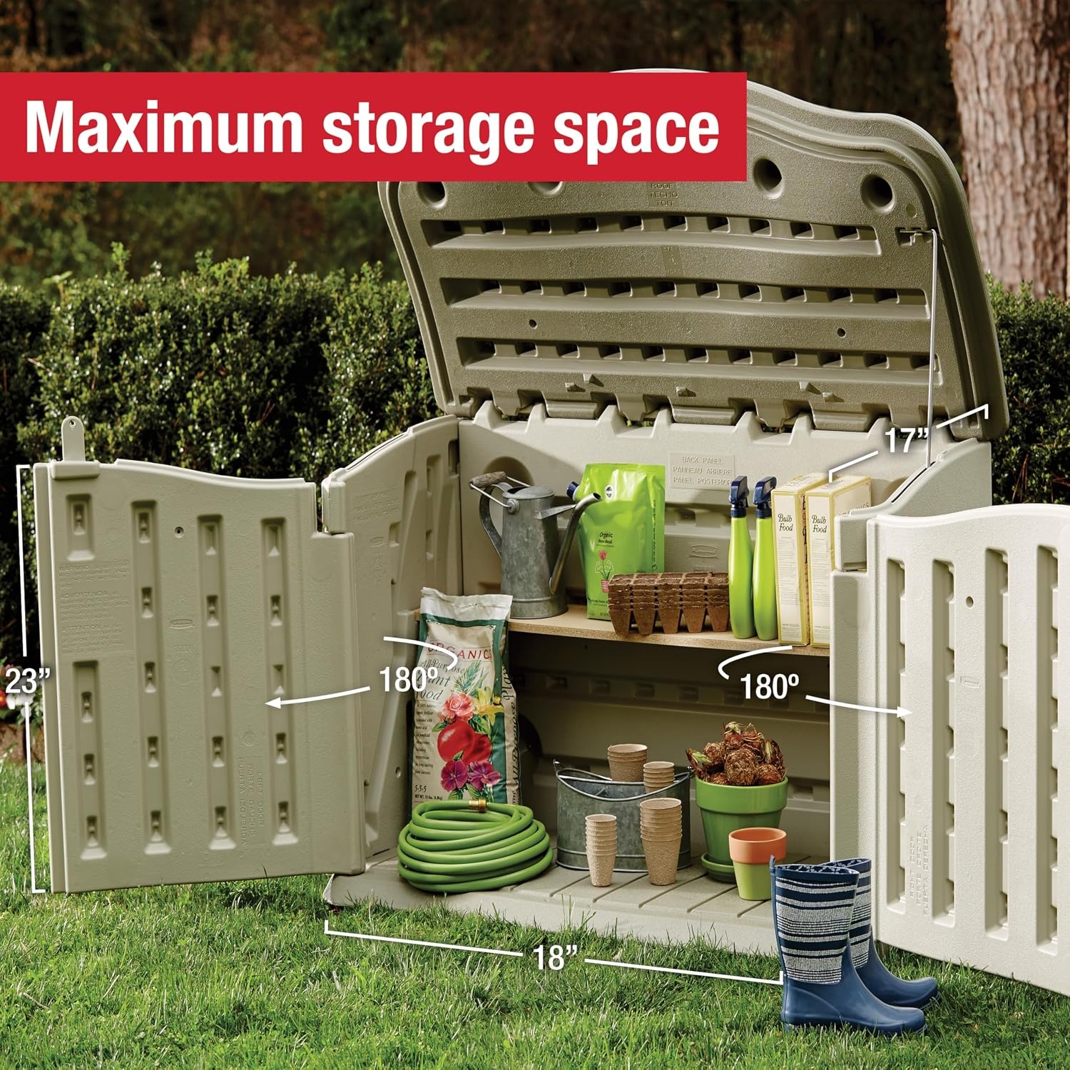image:imageRubbermaid Small Horizontal Resin Outdoor Storage Shed With Floor 45 x 3 Ft Weather Resistant BeigeBrown Organization for HomeBackyardPool ChemicalsToysGarden ToolsPorchPatio CushionsSmall Horizontal Shed