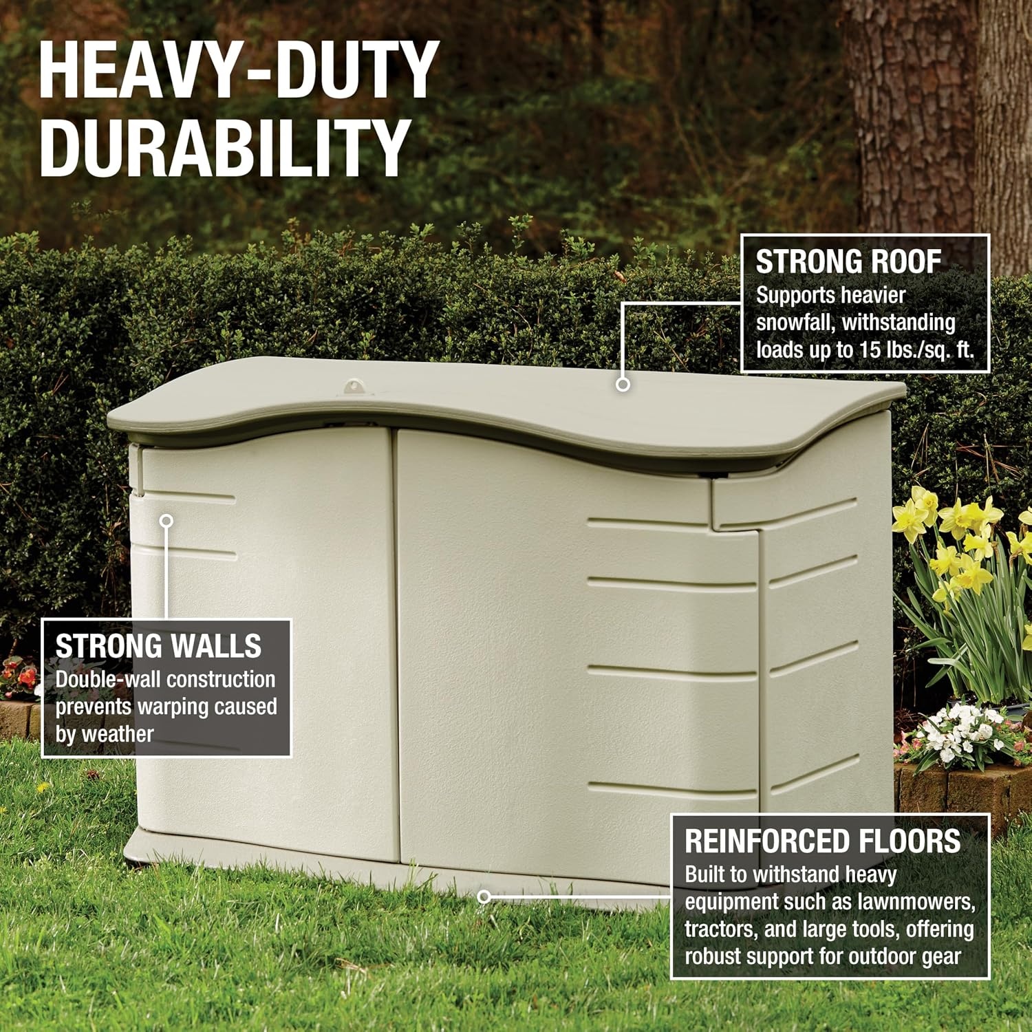 image:imageRubbermaid Small Horizontal Resin Outdoor Storage Shed With Floor 45 x 3 Ft Weather Resistant BeigeBrown Organization for HomeBackyardPool ChemicalsToysGarden ToolsPorchPatio CushionsSmall Horizontal Shed