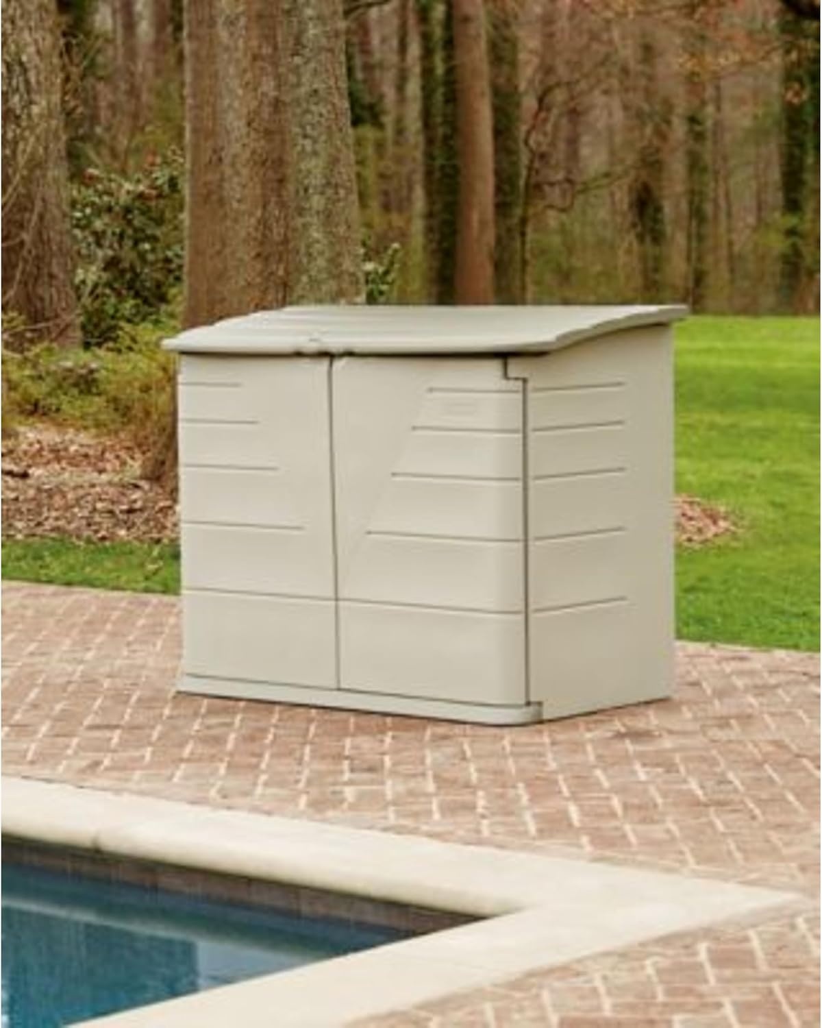 image:imageRubbermaid Small Horizontal Resin Outdoor Storage Shed With Floor 45 x 3 Ft Weather Resistant BeigeBrown Organization for HomeBackyardPool ChemicalsToysGarden ToolsPorchPatio CushionsLarge Horizontal Shed