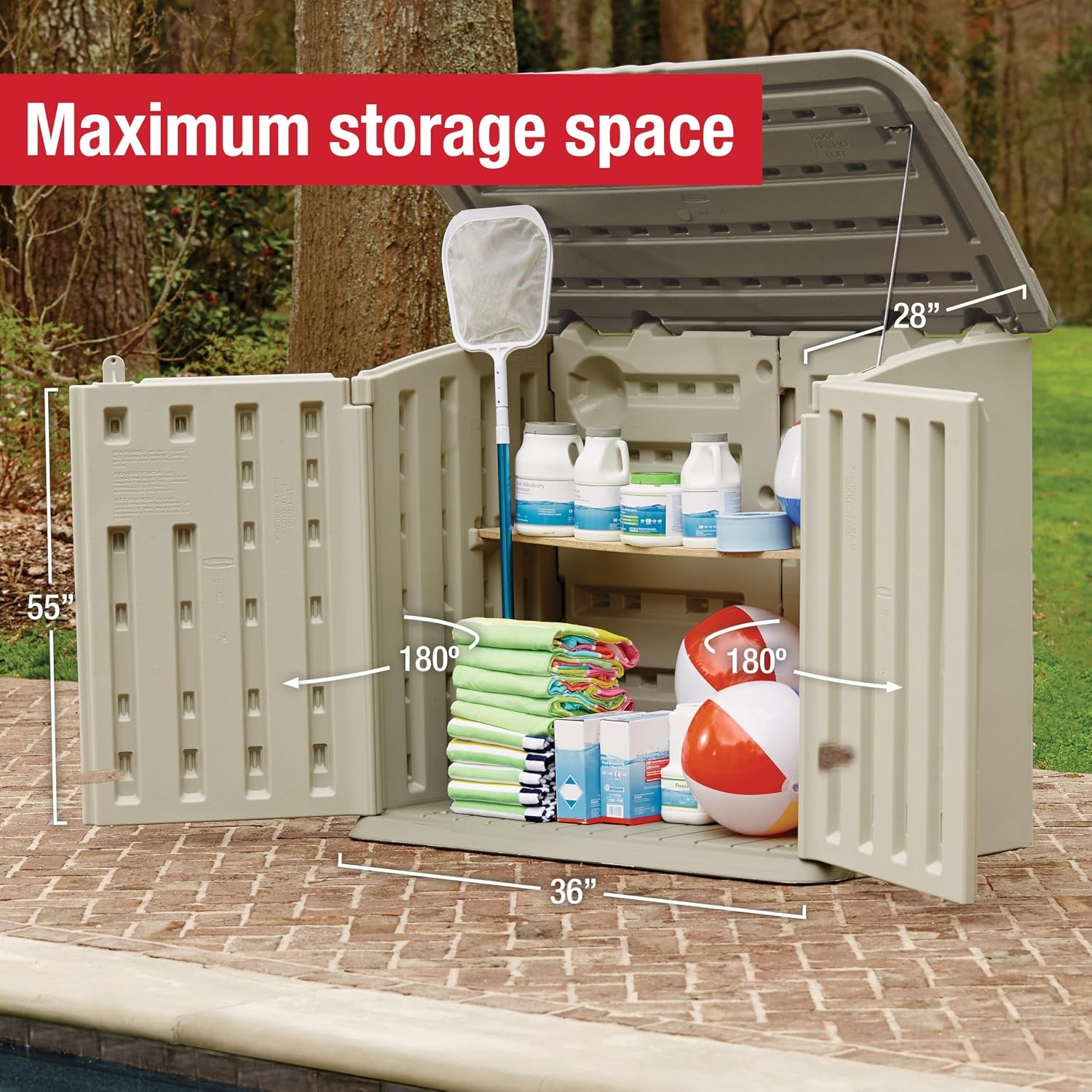 image:imageRubbermaid Small Horizontal Resin Outdoor Storage Shed With Floor 45 x 3 Ft Weather Resistant BeigeBrown Organization for HomeBackyardPool ChemicalsToysGarden ToolsPorchPatio CushionsLarge Horizontal Shed