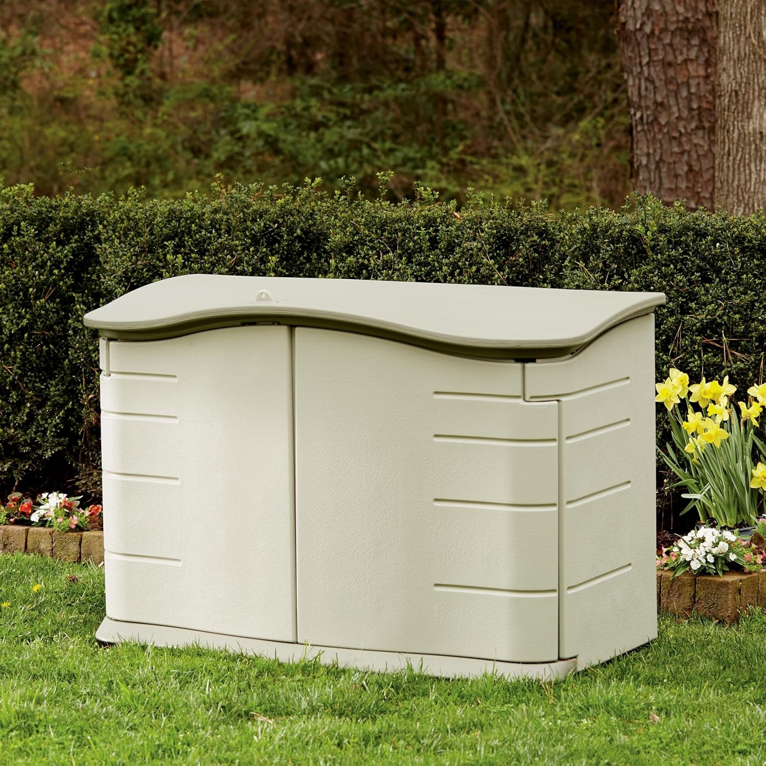 image:imageRubbermaid Small Horizontal Resin Outdoor Storage Shed With Floor 45 x 3 Ft Weather Resistant BeigeBrown Organization for HomeBackyardPool ChemicalsToysGarden ToolsPorchPatio CushionsSmall Horizontal Shed