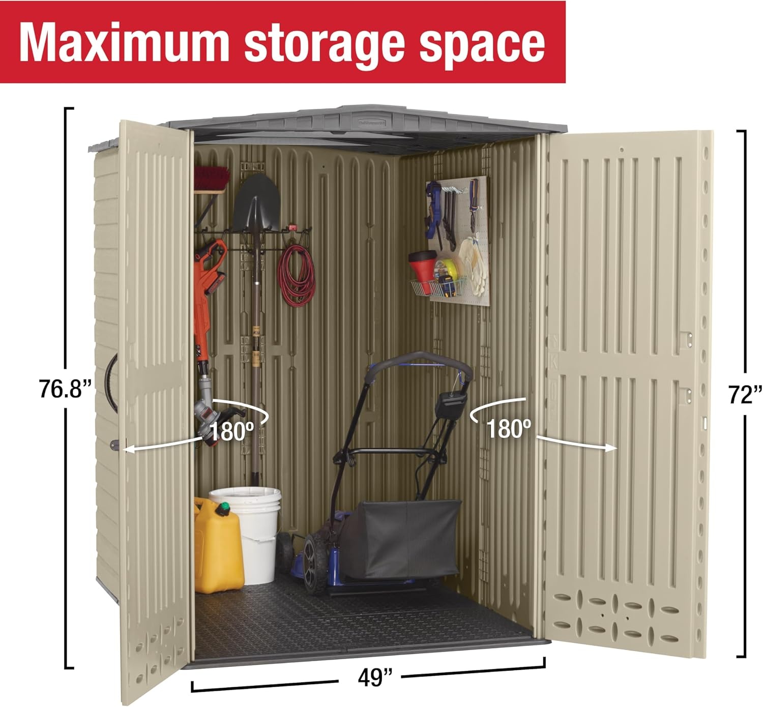 image:imageRubbermaid Small Vertical Resin Outdoor Storage Shed With Floor 23 x 46 Ft Weather Resistant BeigeBrown Organization for HomeBackyardPool ChemicalsToysGarden ToolsPorchPatio CushionsBiege