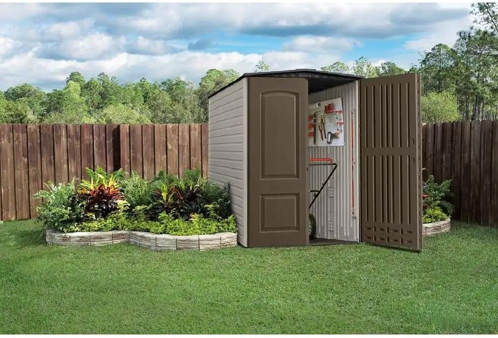image:imageRubbermaid Small Vertical Resin Outdoor Storage Shed With Floor 23 x 46 Ft Weather Resistant BeigeBrown Organization for HomeBackyardPool ChemicalsToysGarden ToolsPorchPatio CushionsBrown