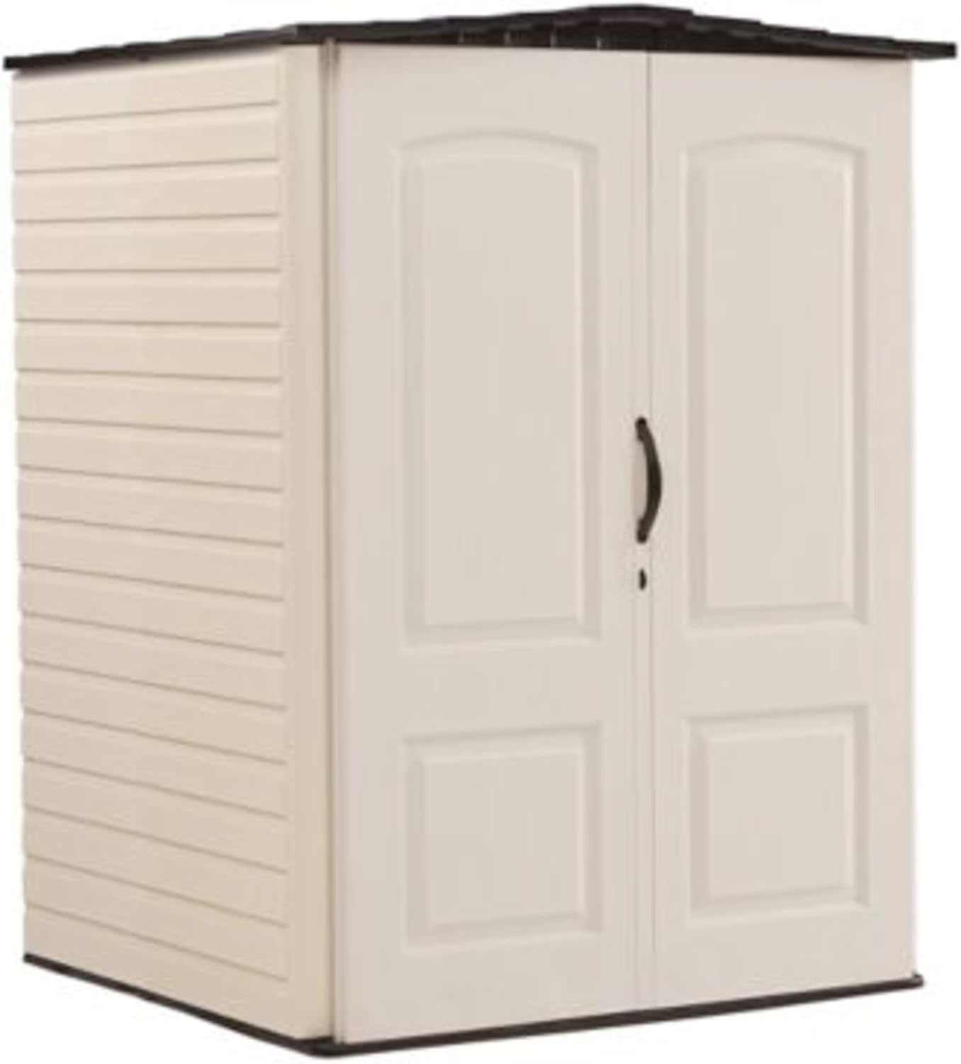 image:imageRubbermaid Small Vertical Resin Outdoor Storage Shed With Floor 23 x 46 Ft Weather Resistant BeigeBrown Organization for HomeBackyardPool ChemicalsToysGarden ToolsPorchPatio CushionsBiege