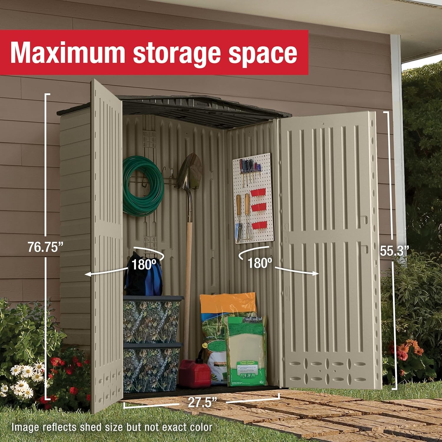image:imageRubbermaid Small Vertical Resin Outdoor Storage Shed With Floor 23 x 46 Ft Weather Resistant BeigeBrown Organization for HomeBackyardPool ChemicalsToysGarden ToolsPorchPatio CushionsBiege