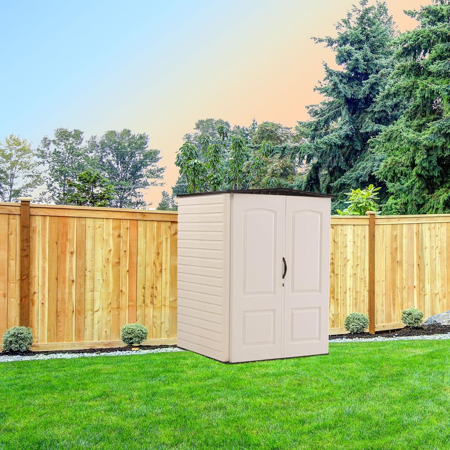 image:imageRubbermaid Small Vertical Resin Outdoor Storage Shed With Floor 23 x 46 Ft Weather Resistant BeigeBrown Organization for HomeBackyardPool ChemicalsToysGarden ToolsPorchPatio CushionsBiege