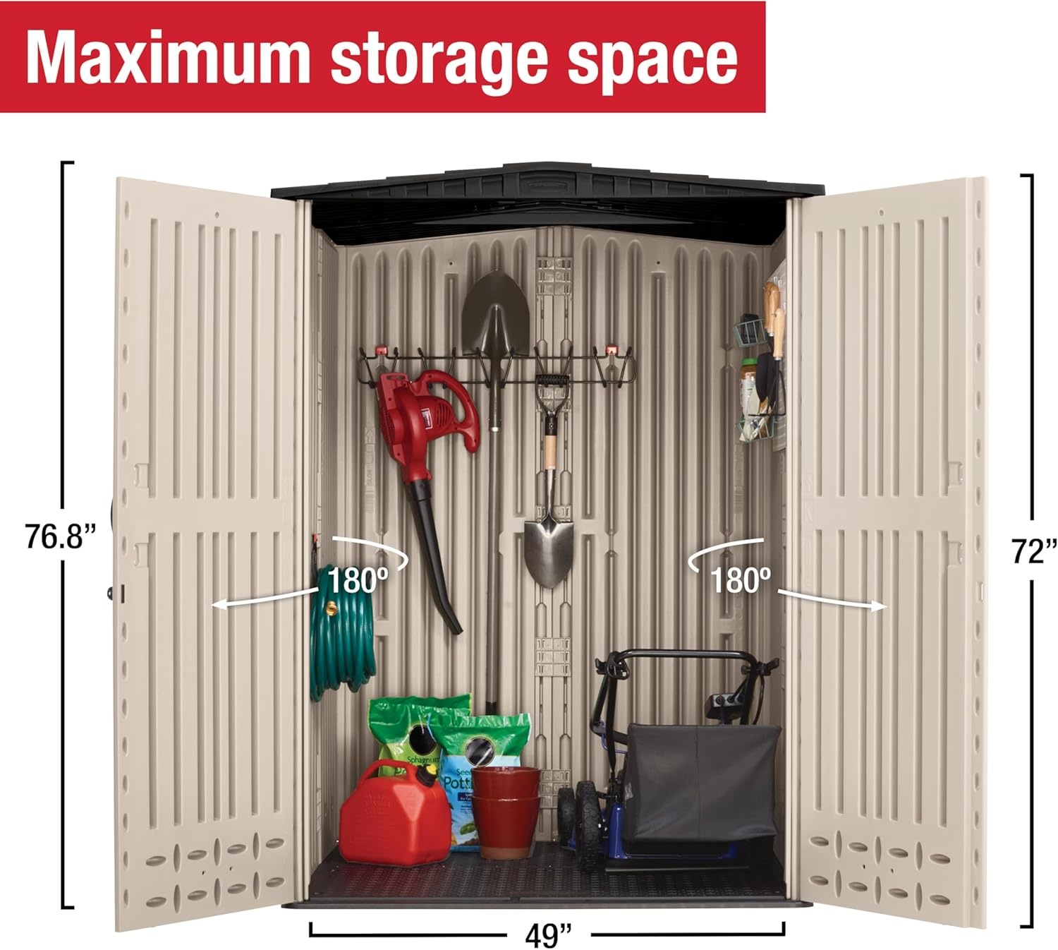 image:imageRubbermaid Small Vertical Resin Outdoor Storage Shed With Floor 23 x 46 Ft Weather Resistant BeigeBrown Organization for HomeBackyardPool ChemicalsToysGarden ToolsPorchPatio CushionsBiege