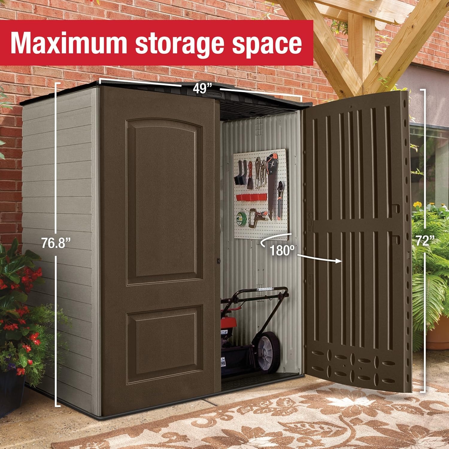 image:imageRubbermaid Small Vertical Resin Outdoor Storage Shed With Floor 23 x 46 Ft Weather Resistant BeigeBrown Organization for HomeBackyardPool ChemicalsToysGarden ToolsPorchPatio CushionsBrown