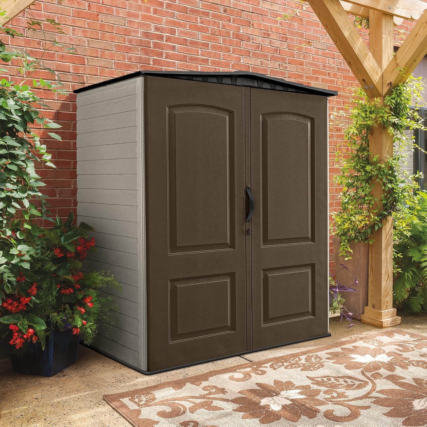 image:imageRubbermaid Small Vertical Resin Outdoor Storage Shed With Floor 23 x 46 Ft Weather Resistant BeigeBrown Organization for HomeBackyardPool ChemicalsToysGarden ToolsPorchPatio CushionsBrown