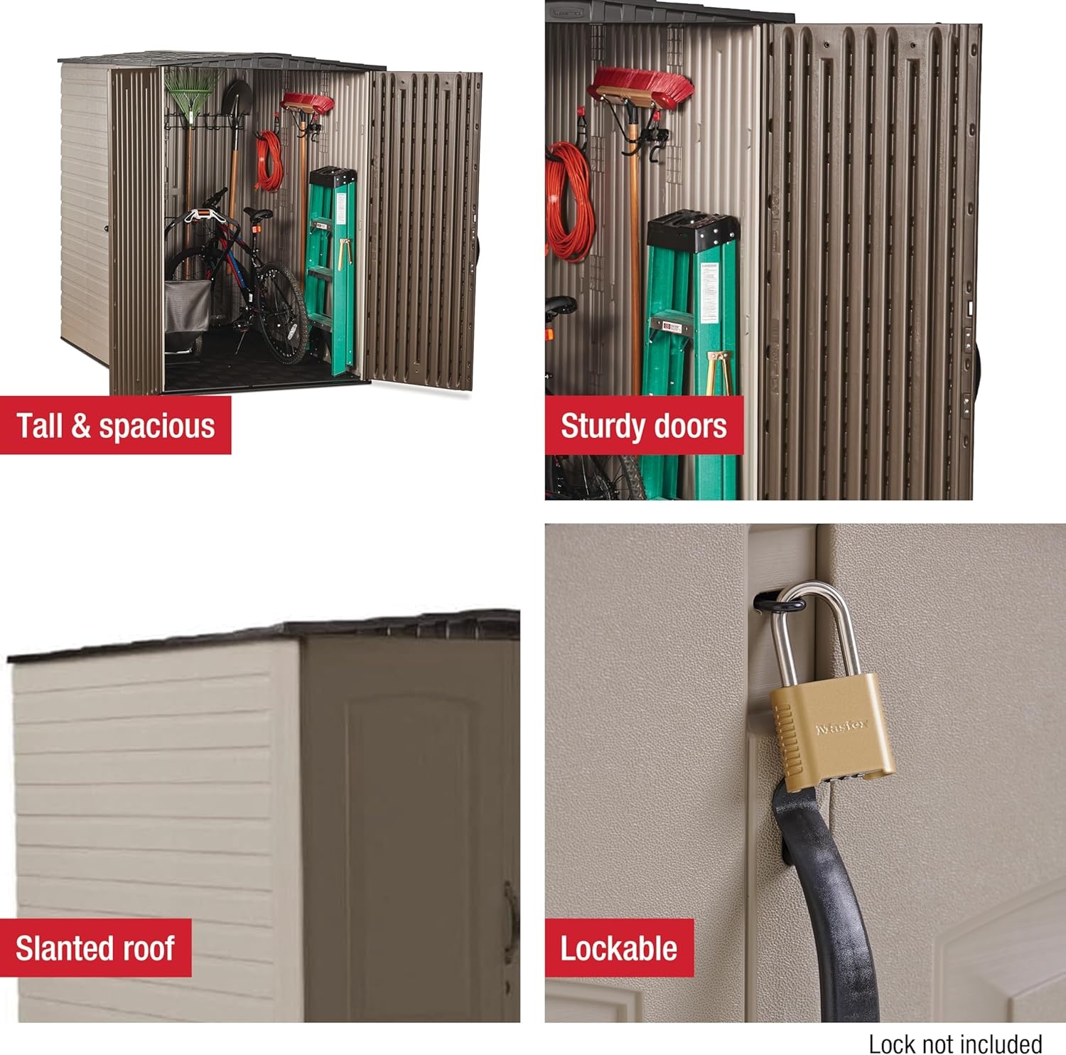 image:imageRubbermaid Small Vertical Resin Outdoor Storage Shed With Floor 23 x 46 Ft Weather Resistant BeigeBrown Organization for HomeBackyardPool ChemicalsToysGarden ToolsPorchPatio CushionsBrown
