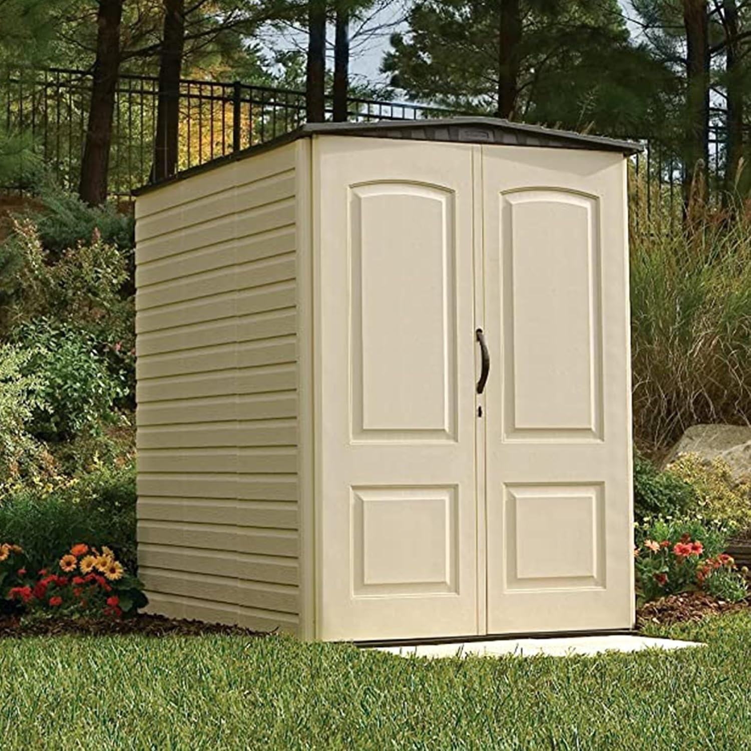 image:imageRubbermaid Small Vertical Resin Outdoor Storage Shed With Floor 23 x 46 Ft Weather Resistant BeigeBrown Organization for HomeBackyardPool ChemicalsToysGarden ToolsPorchPatio CushionsBiege