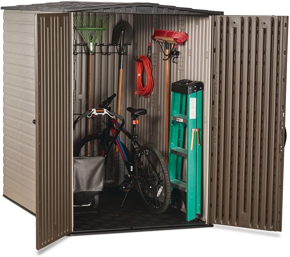 image:imageRubbermaid Small Vertical Resin Outdoor Storage Shed With Floor 23 x 46 Ft Weather Resistant BeigeBrown Organization for HomeBackyardPool ChemicalsToysGarden ToolsPorchPatio CushionsBrown