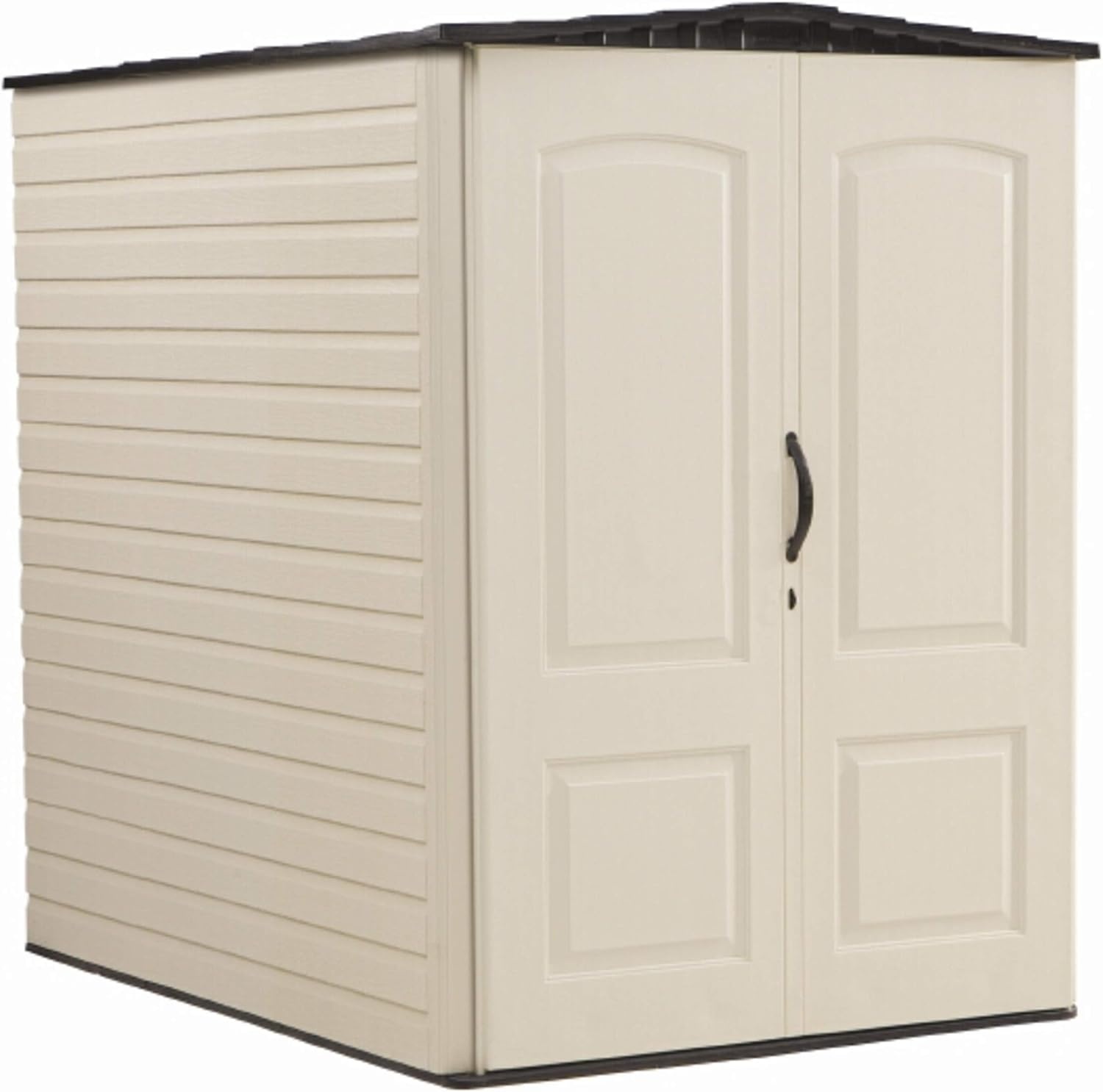 image:imageRubbermaid Small Vertical Resin Outdoor Storage Shed With Floor 23 x 46 Ft Weather Resistant BeigeBrown Organization for HomeBackyardPool ChemicalsToysGarden ToolsPorchPatio CushionsBiege