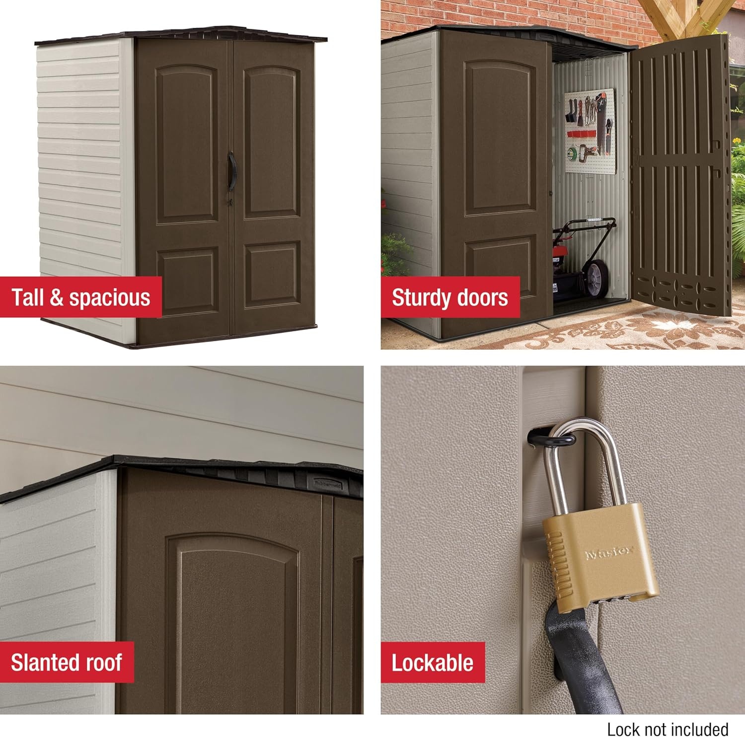 image:imageRubbermaid Small Vertical Resin Outdoor Storage Shed With Floor 23 x 46 Ft Weather Resistant BeigeBrown Organization for HomeBackyardPool ChemicalsToysGarden ToolsPorchPatio CushionsBrown