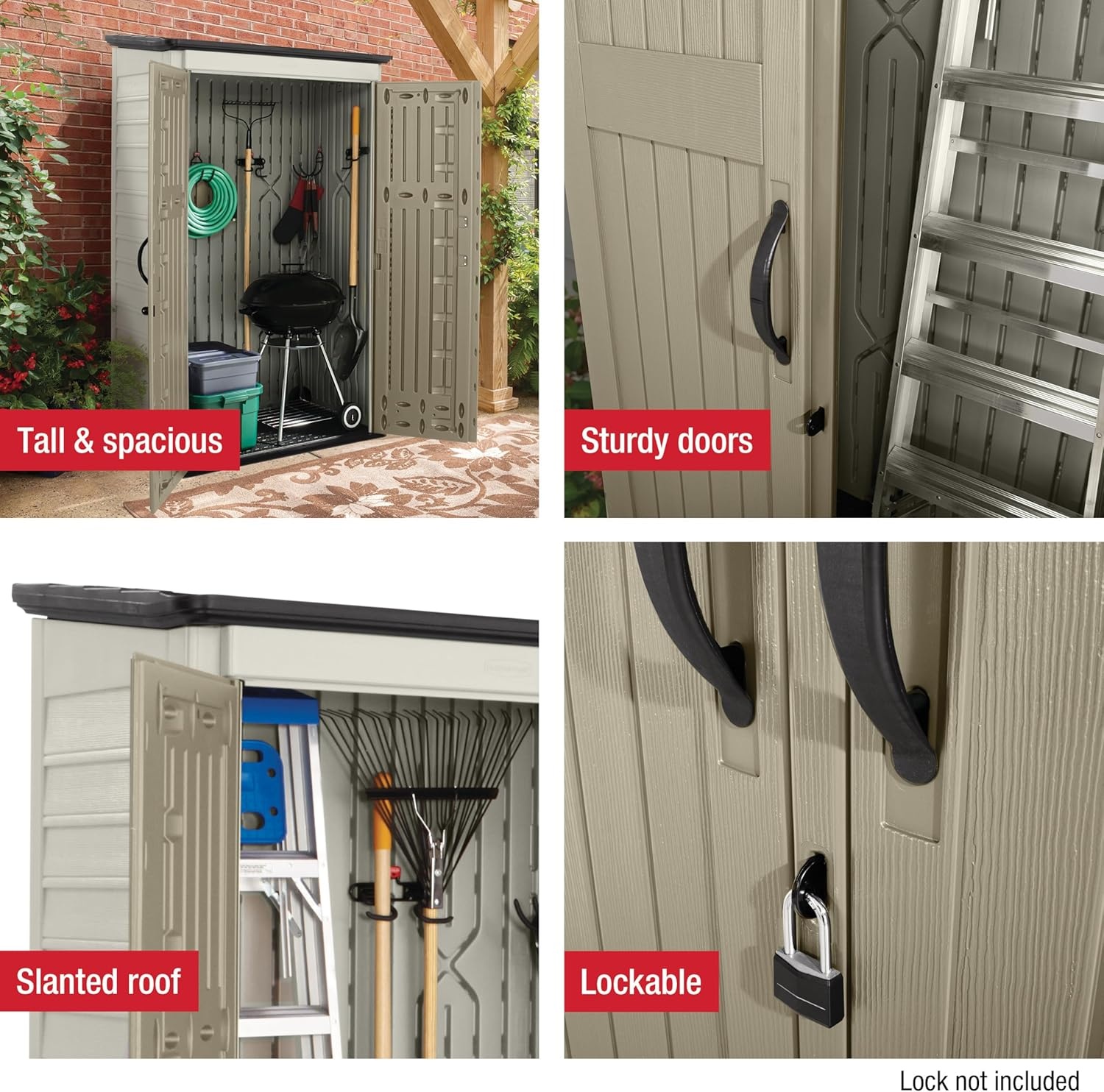image:imageRubbermaid Vertical Resin Outdoor Storage Shed With Floor 4 x 25 Ft Weather Resistant Brown Organization for HomeBackyardGarden ToolsPorchPatio CushionsPool ChemicalsToysBeige