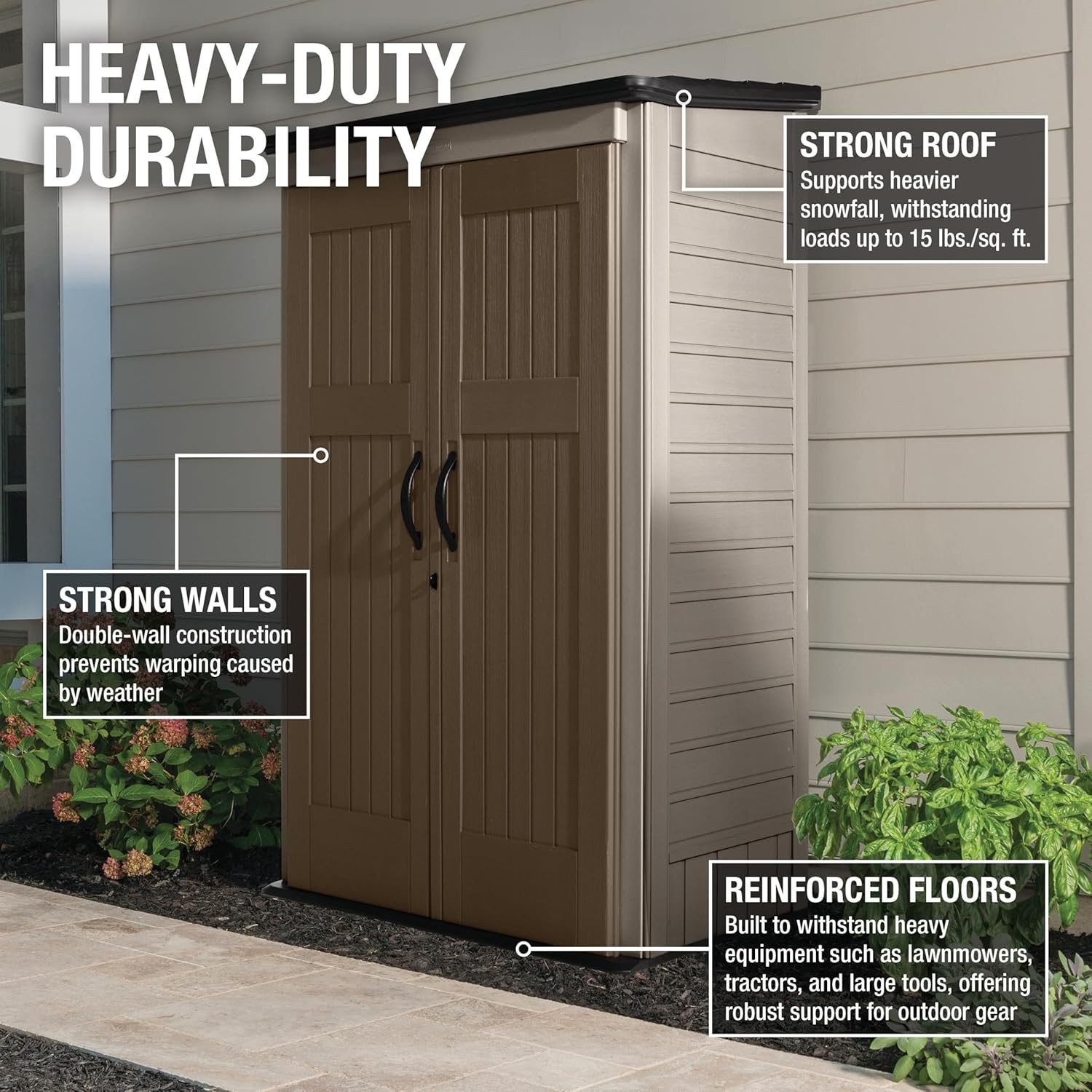 image:imageRubbermaid Vertical Resin Outdoor Storage Shed With Floor 4 x 25 Ft Weather Resistant Brown Organization for HomeBackyardGarden ToolsPorchPatio CushionsPool ChemicalsToysBrown
