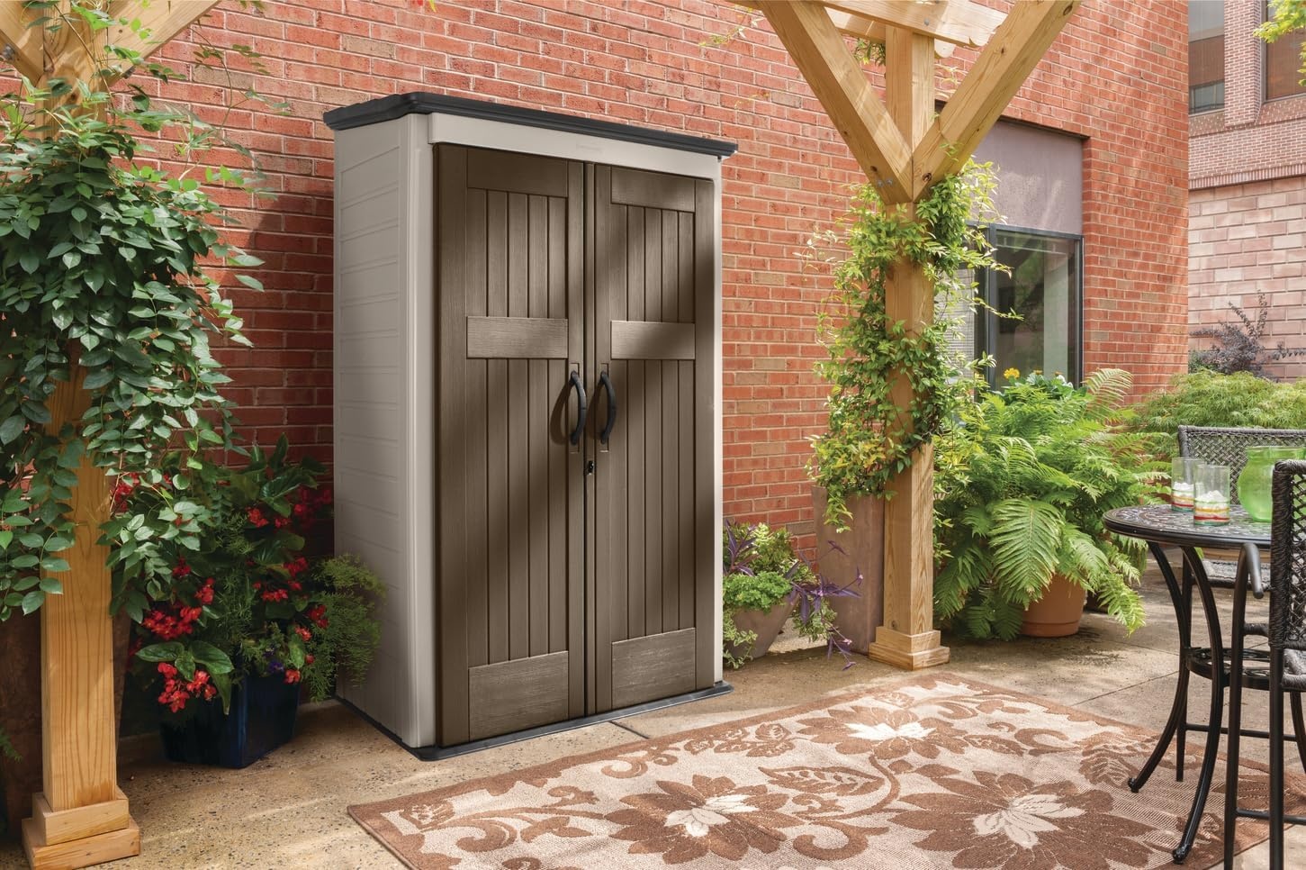 image:imageRubbermaid Vertical Resin Outdoor Storage Shed With Floor 4 x 25 Ft Weather Resistant Brown Organization for HomeBackyardGarden ToolsPorchPatio CushionsPool ChemicalsToysBrown