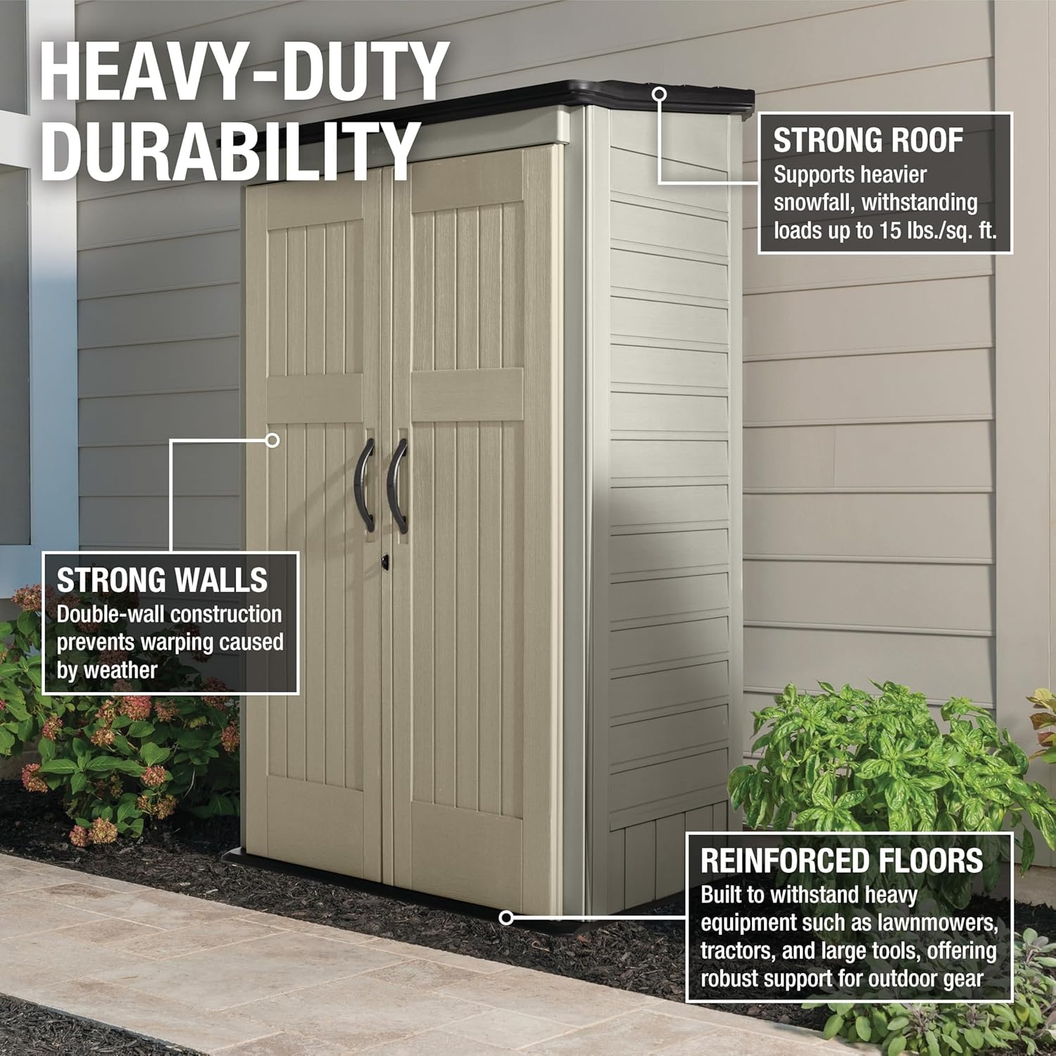 image:imageRubbermaid Vertical Resin Outdoor Storage Shed With Floor 4 x 25 Ft Weather Resistant Brown Organization for HomeBackyardGarden ToolsPorchPatio CushionsPool ChemicalsToysBeige