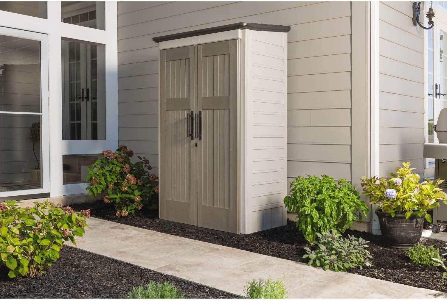 image:imageRubbermaid Vertical Resin Outdoor Storage Shed With Floor 4 x 25 Ft Weather Resistant Brown Organization for HomeBackyardGarden ToolsPorchPatio CushionsPool ChemicalsToysBeige