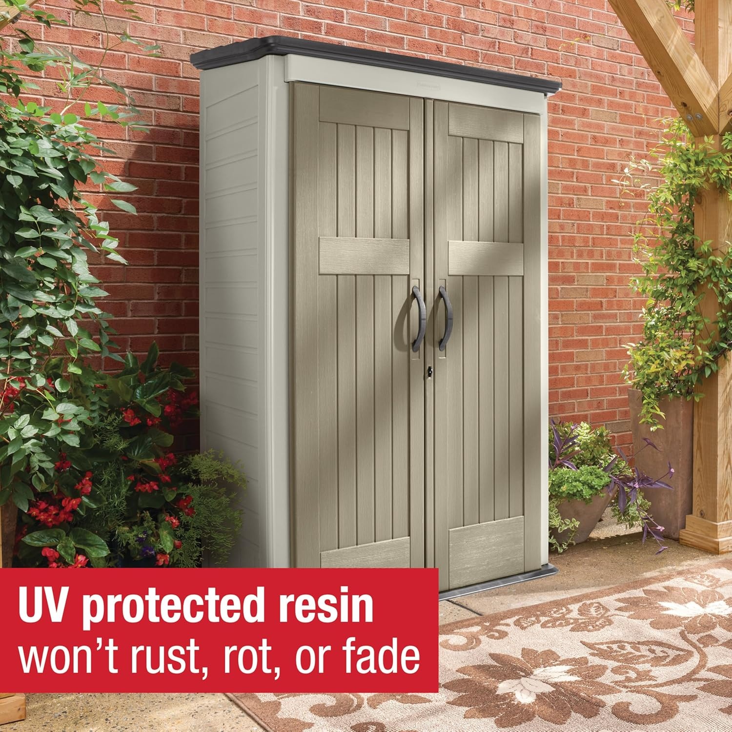 image:imageRubbermaid Vertical Resin Outdoor Storage Shed With Floor 4 x 25 Ft Weather Resistant Brown Organization for HomeBackyardGarden ToolsPorchPatio CushionsPool ChemicalsToysBeige