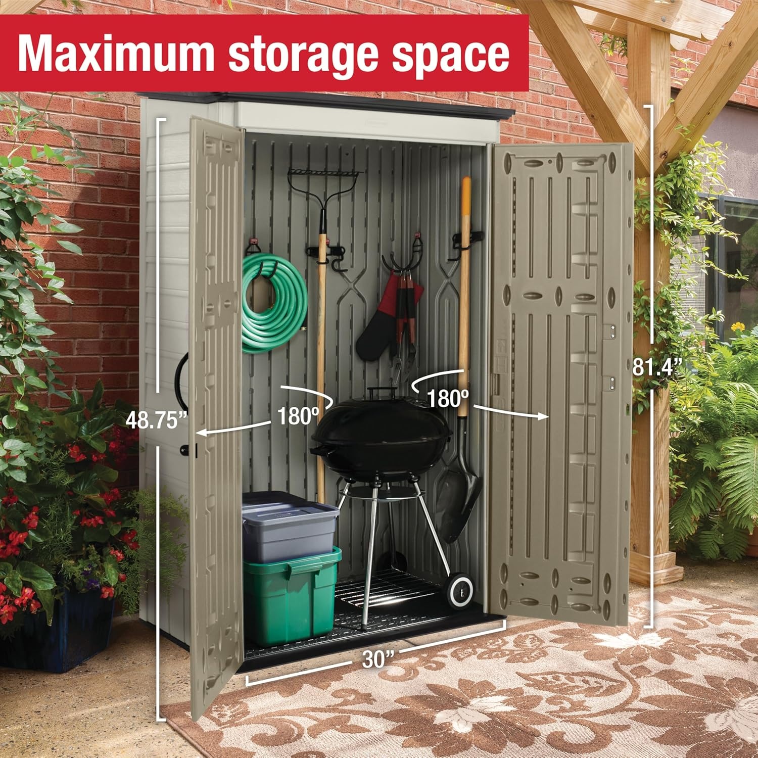 image:imageRubbermaid Vertical Resin Outdoor Storage Shed With Floor 4 x 25 Ft Weather Resistant Brown Organization for HomeBackyardGarden ToolsPorchPatio CushionsPool ChemicalsToysBeige