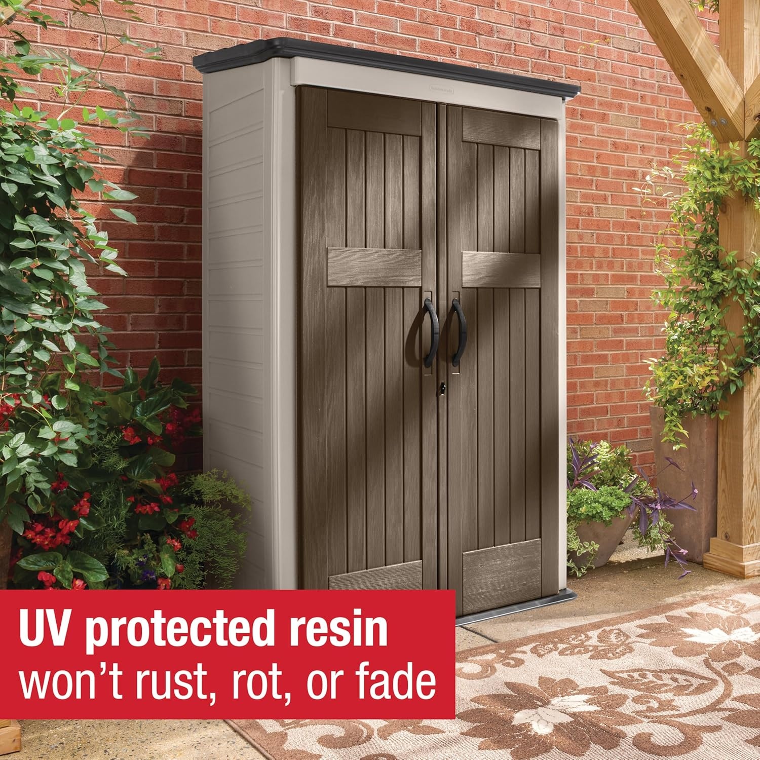 image:imageRubbermaid Vertical Resin Outdoor Storage Shed With Floor 4 x 25 Ft Weather Resistant Brown Organization for HomeBackyardGarden ToolsPorchPatio CushionsPool ChemicalsToysBrown