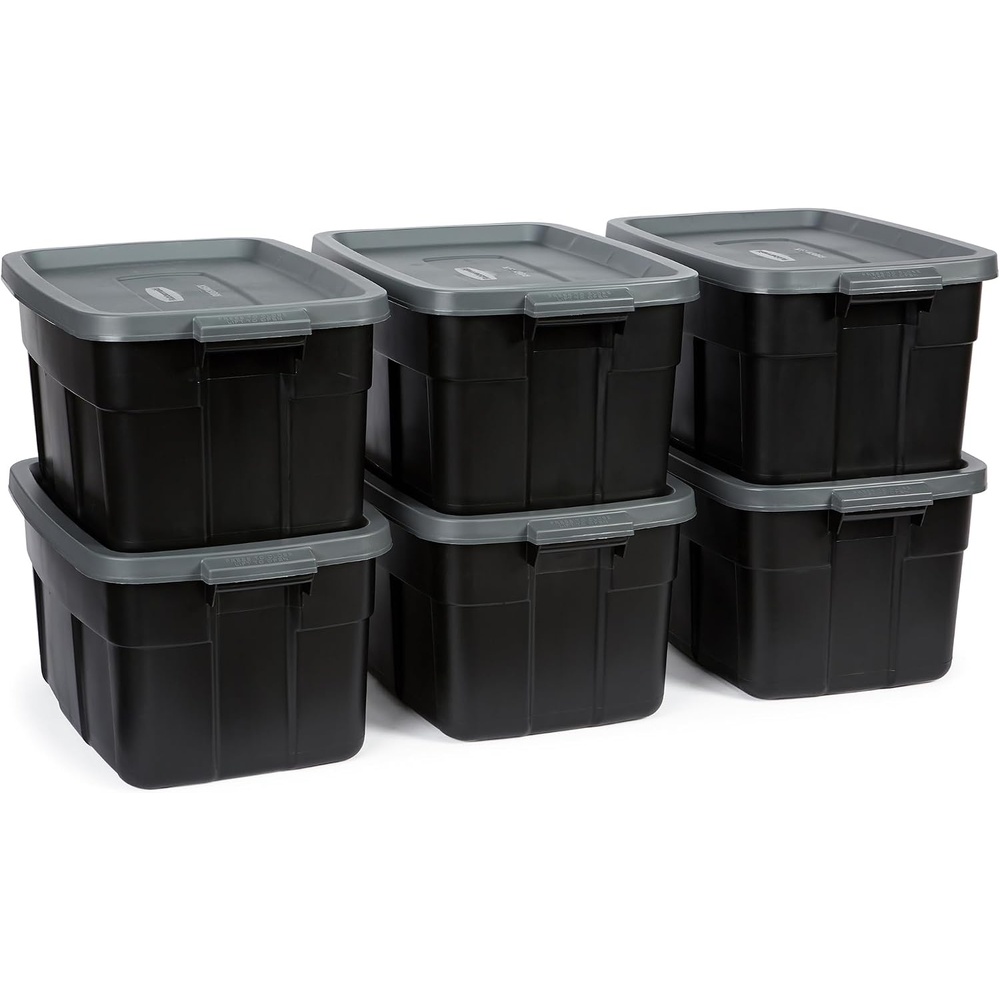 image:imageRubbermaid 6Pack Heavy Duty Durable 3 GAL Totes for Storage with Snap Lids and Handles Plastic Storage Bins Stackable Black Gray for Home and Garage 3 GAL 6 Pack Solid Black and Grey14 Gal 6 Pack
