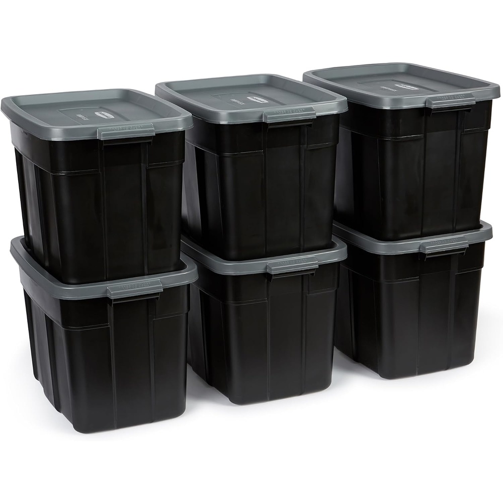 image:imageRubbermaid 6Pack Heavy Duty Durable 3 GAL Totes for Storage with Snap Lids and Handles Plastic Storage Bins Stackable Black Gray for Home and Garage 3 GAL 6 Pack Solid Black and Grey18 Gal 6 Pack