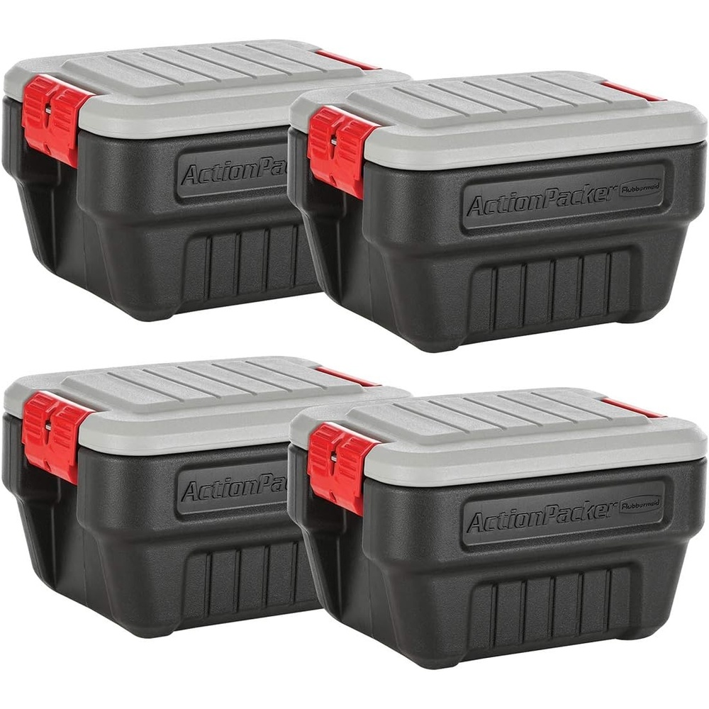 image:imageRubbermaid ActionPacker 8 Gal Lockable Storage Box Pack of 4 Outdoor Industrial Rugged Grey and Black8 galPack of 4