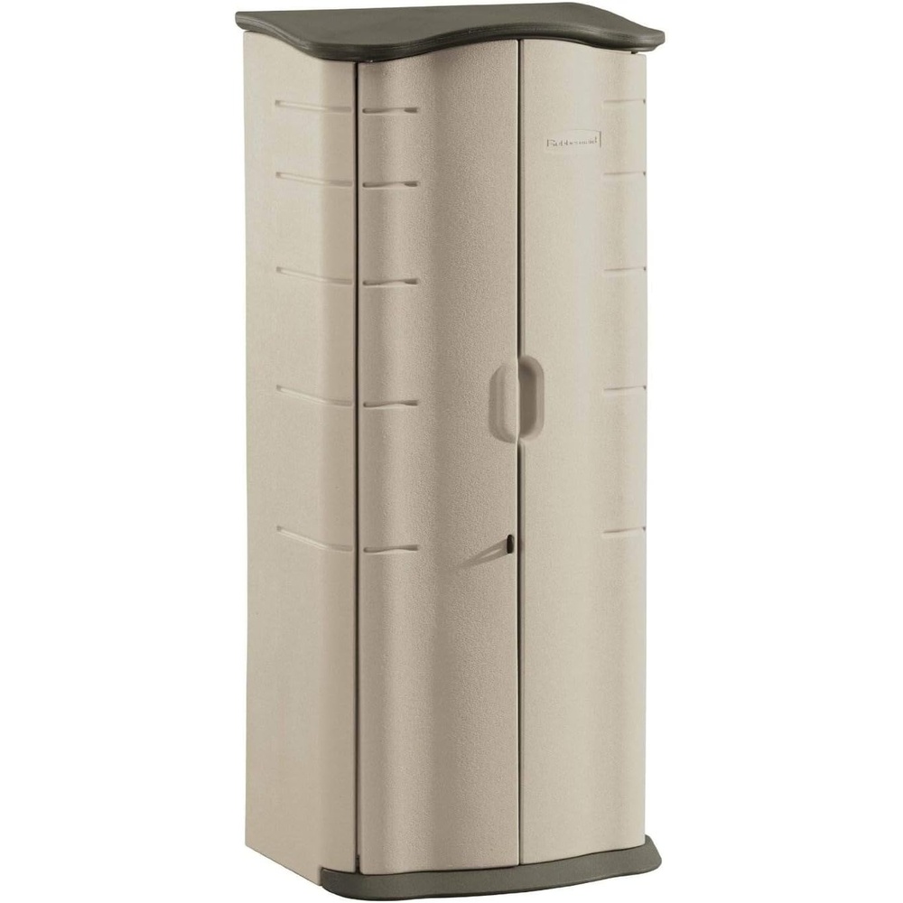 image:imageRubbermaid Compact Vertical Resin Storage Shed With Floor 2 x 25 Ft Weather Resistant BeigeBrown Organization for HomeBackyardGarden ToolsPorchPatio CushionsPool ChemicalsToys