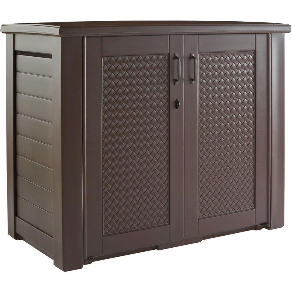image:imageRubbermaid Decorative Outdoor Storage Cabinet 123 Gal Weather Resistant Brown Organization for HomeBackyardPool ChemicalsToysGarden ToolsPorchPatio CushionsDark Teak