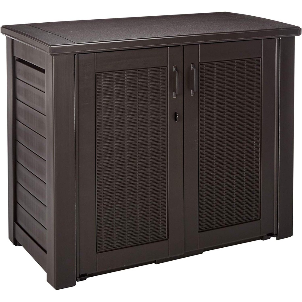 image:imageRubbermaid Decorative Outdoor Storage Cabinet 123 Gal Weather Resistant Brown Organization for HomeBackyardPool ChemicalsToysGarden ToolsPorchPatio CushionsBlack Oak