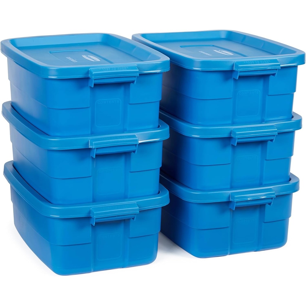 image:imageRubbermaid Roughneck Tote 10 Gal 6 Pack Made in USA Heritage Blue Rugged Plastic Stackable Storage Bins with Lids and Handles10 Gal 6 Pack