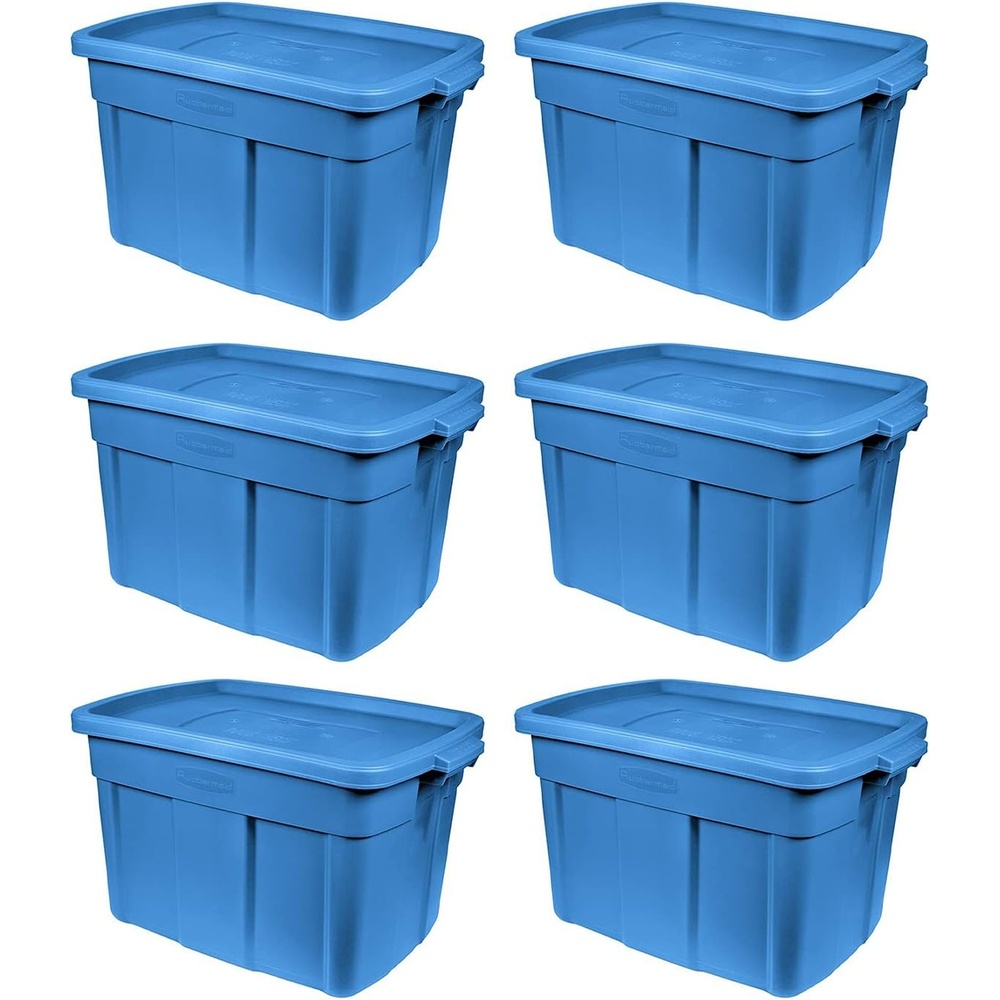 image:imageRubbermaid Roughneck Tote 10 Gal 6 Pack Made in USA Heritage Blue Rugged Plastic Stackable Storage Bins with Lids and Handles18 Gal 6 Pack
