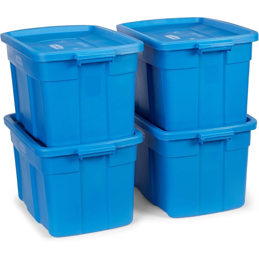 image:imageRubbermaid Roughneck Tote 10 Gal 6 Pack Made in USA Heritage Blue Rugged Plastic Stackable Storage Bins with Lids and Handles25 Gal 4 Pack