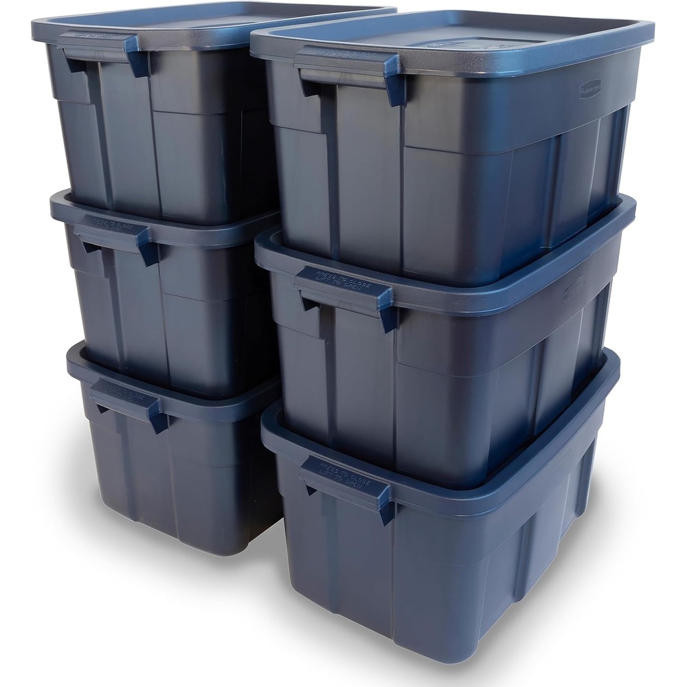 image:imageRubbermaid Roughneck Tote 50 Gal 2 Pack Made in USA Dark Indigo Metallic Rugged Plastic Stackable Storage Bins with Lids and Handles14 Gal  6 Pack